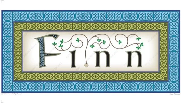 Irish surname Finn rendered blue and yellow, framed by Celtic knots.