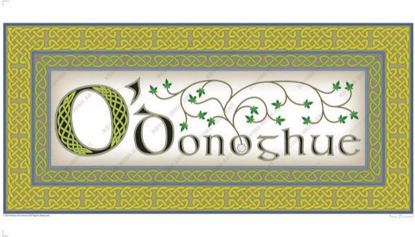 Irish surname O’Donoghue Art Print rendered in green and purple, framed by Celtic knots.