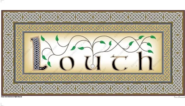 Art print of Ireland’s County Louth, rendered in brown and gold, framed by Celtic knots.