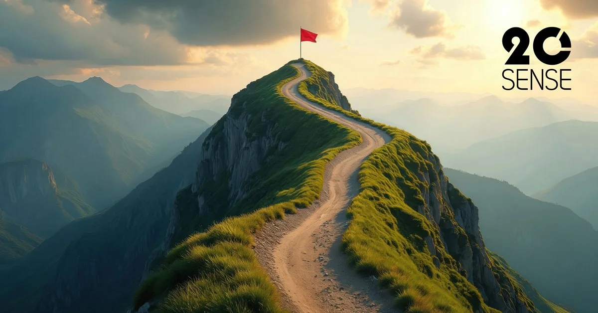 Mountain with road running towards a flag at the pinnacle