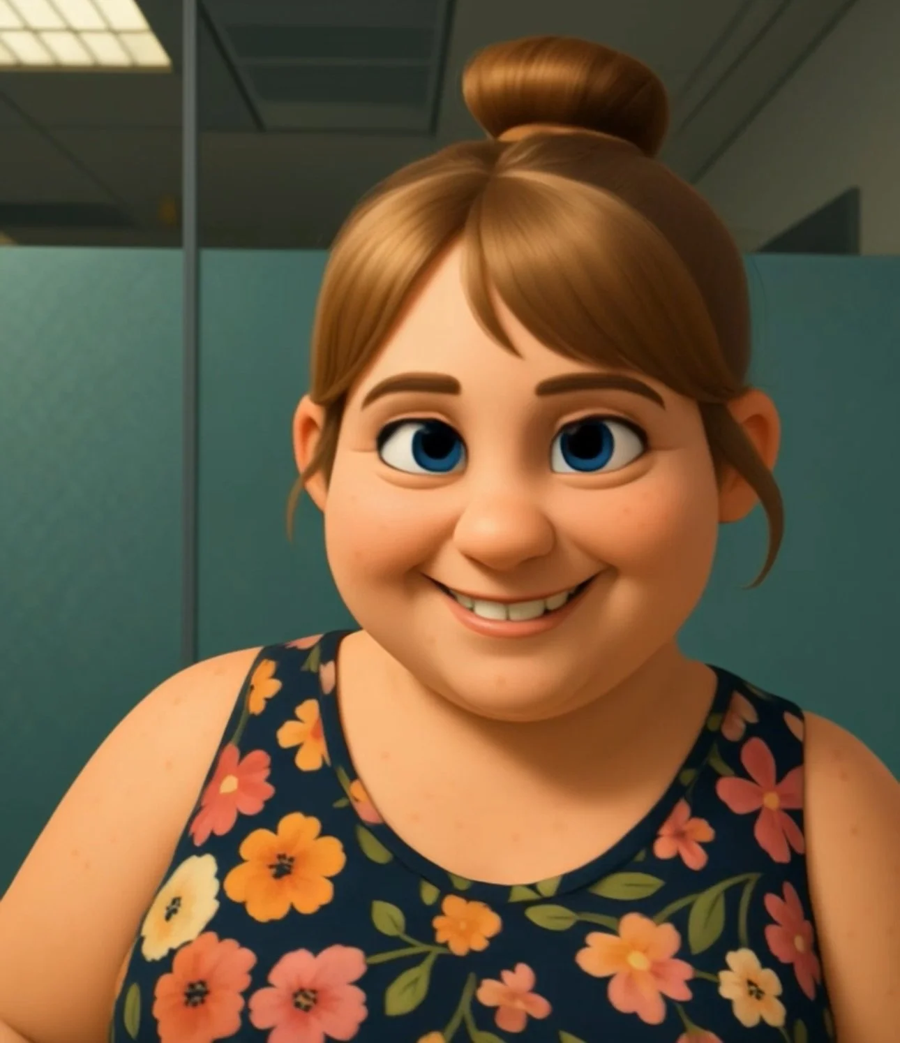 Character of Kim who wrosk at radish payroll showing the fun side of radish. A woman with blue eyes and red hair tied in a messy bun, smiling, wearing a colorful patterned top, in front of a plain white wall.