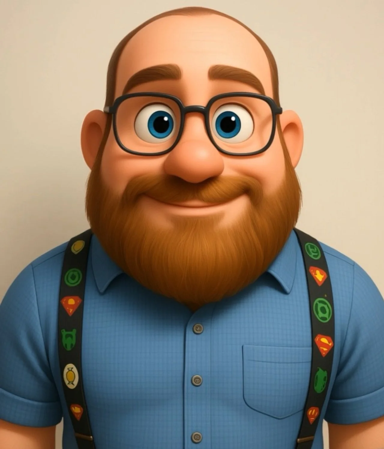 Character of Trevor Tax coach for radish accounting sA man with a beer-colored beard, wearing glasses and a blue checkered shirt,against a plain white wall. His face appears to have a filter that enlarges his eyes, giving him a cartoonish look.