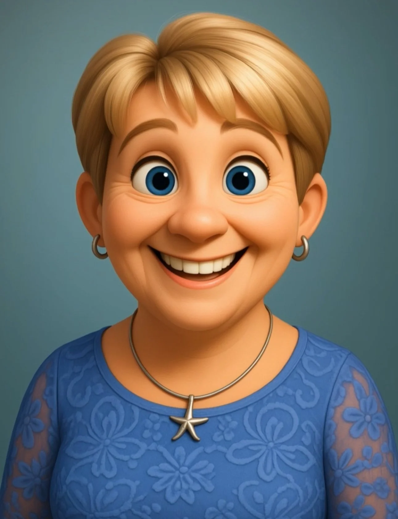 A cartoon woman with short blonde hair, big blue eyes, earrings, and a big smile, wearing a blue top with floral patterns and a starfish necklace standing against a gray background.