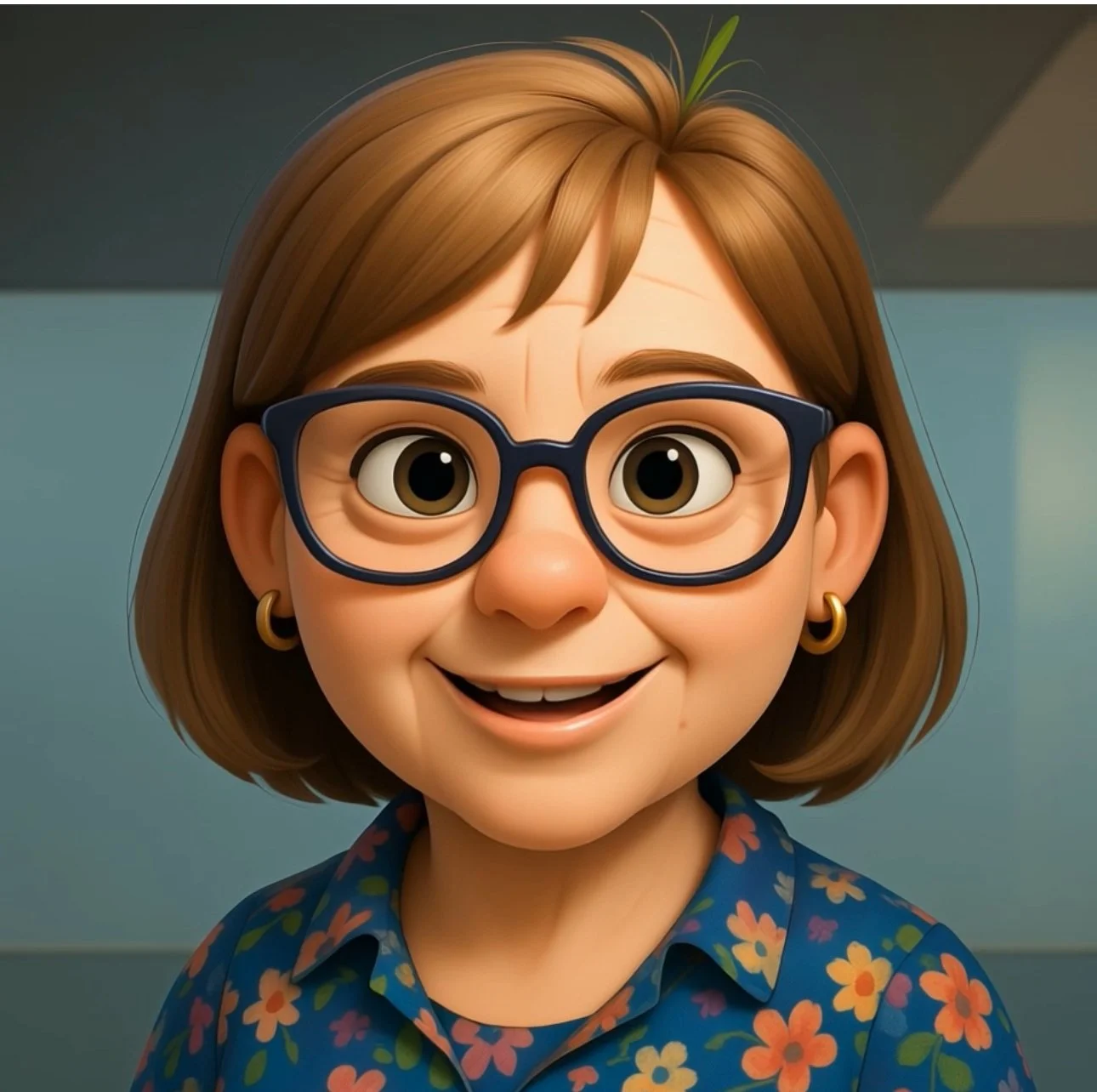 Character of Jeri payroll for radish accounting showing the fun side of radish accountingA woman with short reddish-brown hair, fair skin, and blue eyes smiling in an office setting, wearing a burgundy shirt with small black polka dots.