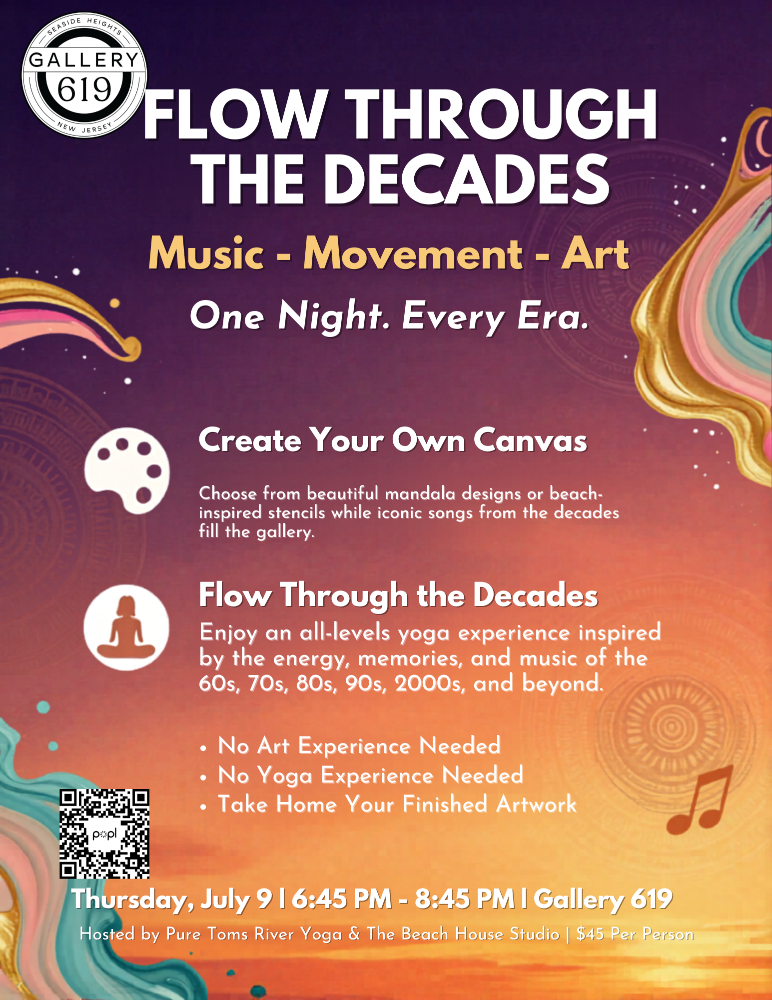 Flow Through the Decades: Move, Music & Make :Yoga +Stencil Canvas Art