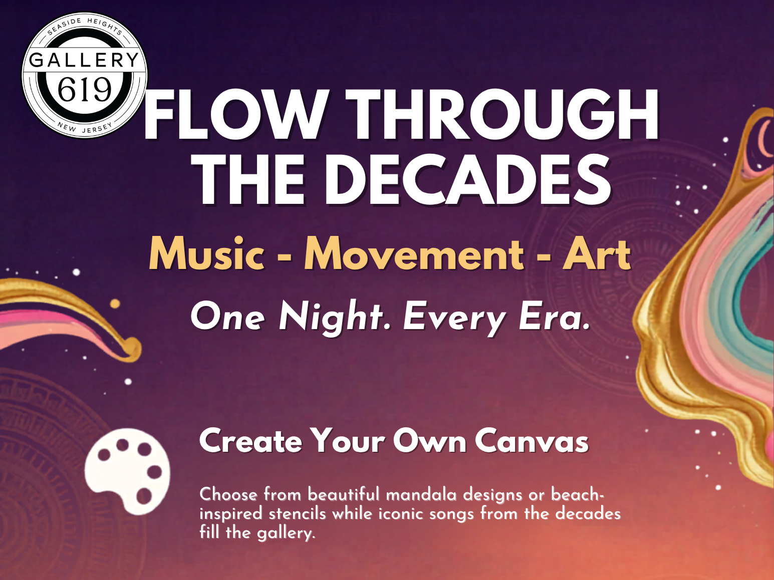 Flow Through the Decades: Move, Music & Make :Yoga +Stencil Canvas Art