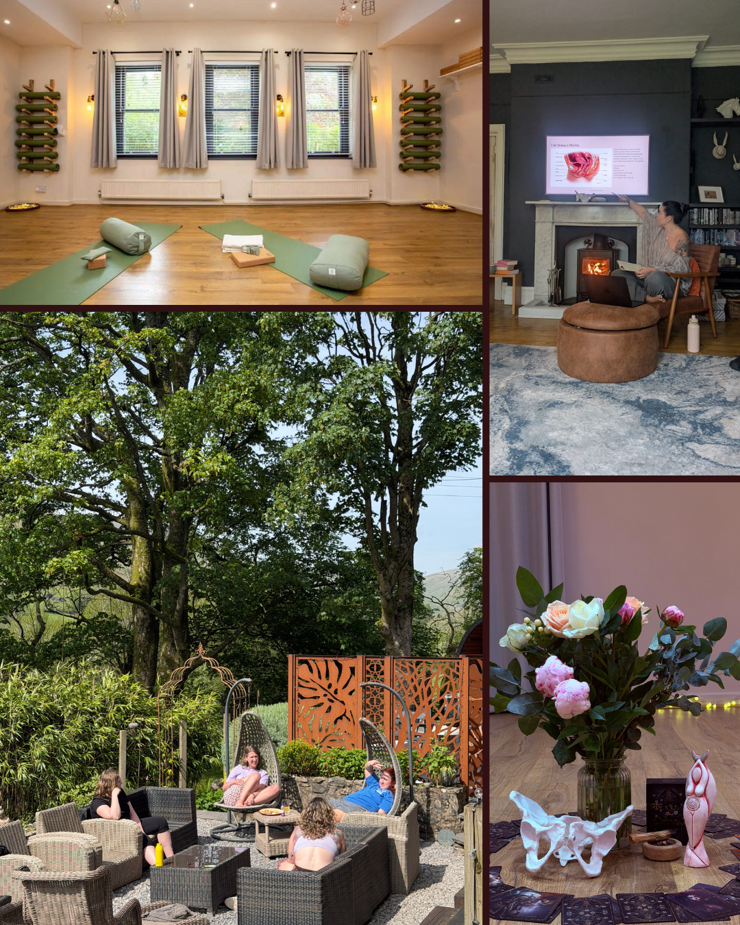 Top left: Yoga studio with three windows, curtains, wall lights, yoga mats, bolsters, and towels. Top right: Woman sitting on a chair in a living room with a fireplace, TV showing anatomical images, and bookshelves. Bottom left: People relaxing outdo