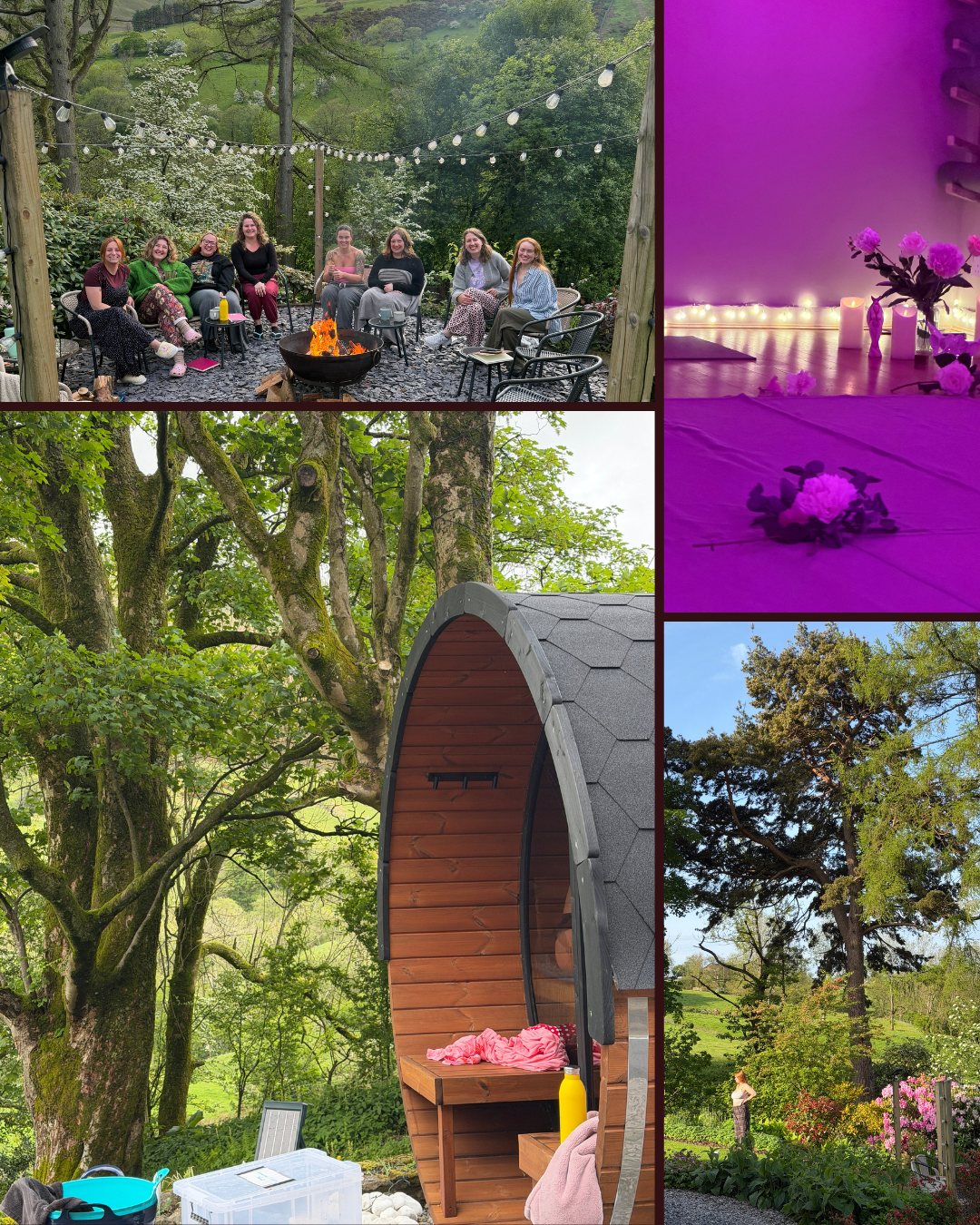 A collage of five outdoor scenes: a group of women sitting around a fire pit on a deck with string lights; a purple-themed yoga or meditation area with candles and flowers; a large tree with a small wooden outdoor pod or sauna beneath it; a person wa
