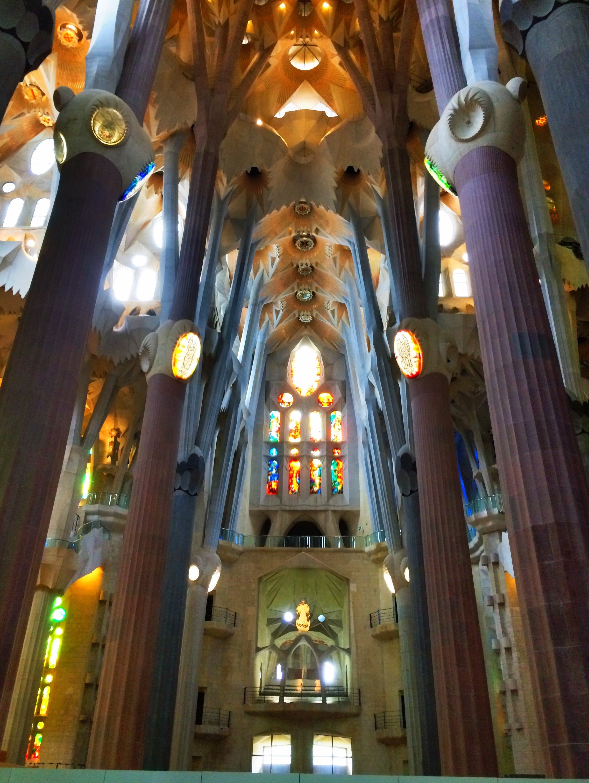 I was a little surprised at the unconventionally modern interior with stained-glass windows and colored lights shining on the walls and floors.  