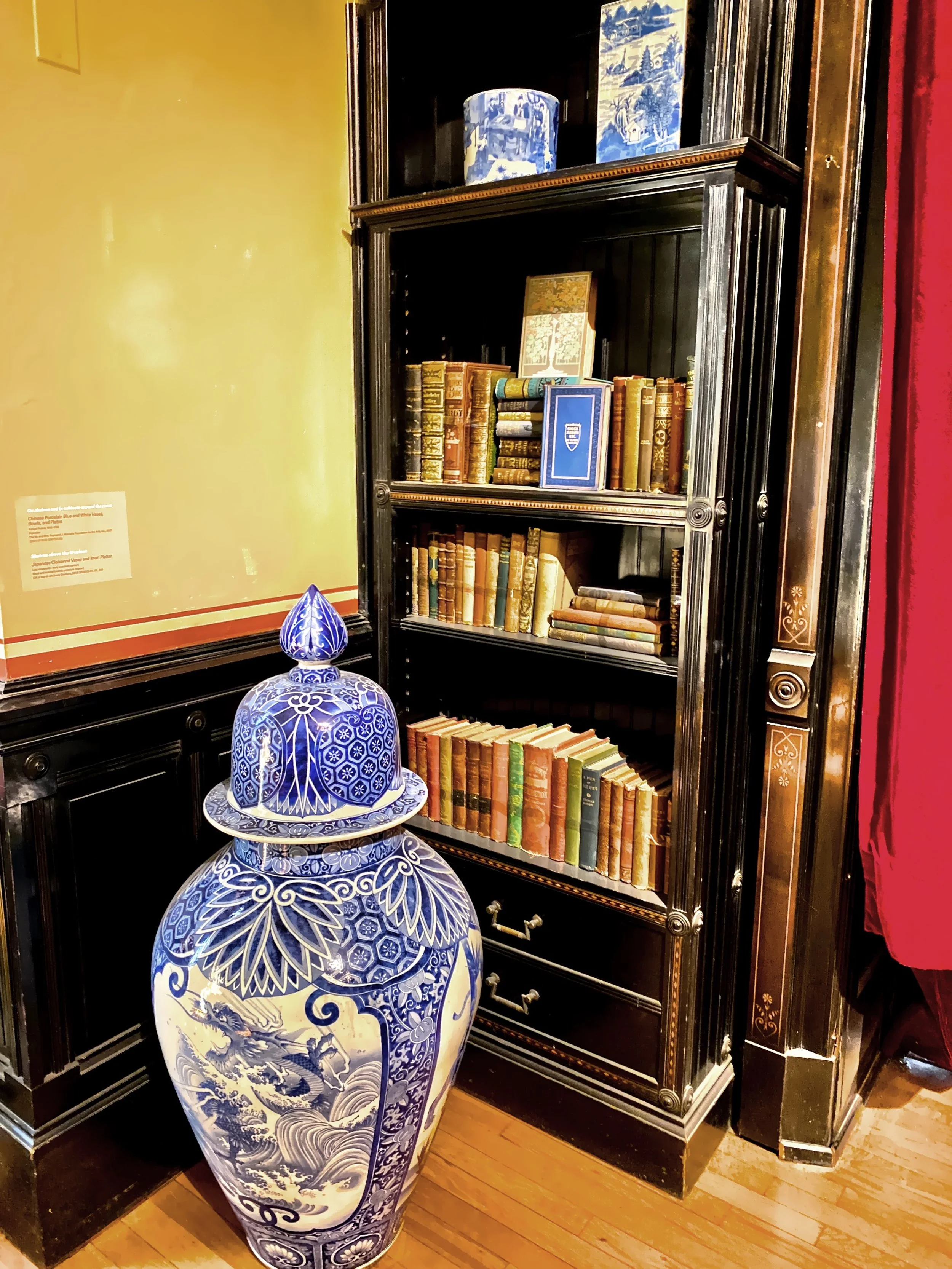  The Library was the first room that was restored. While simplicity and good taste dominated the attitude, these bookcases and fireplace mantle in the Library look fancy by today’s standards, however, they were considerably more streamlined than othe