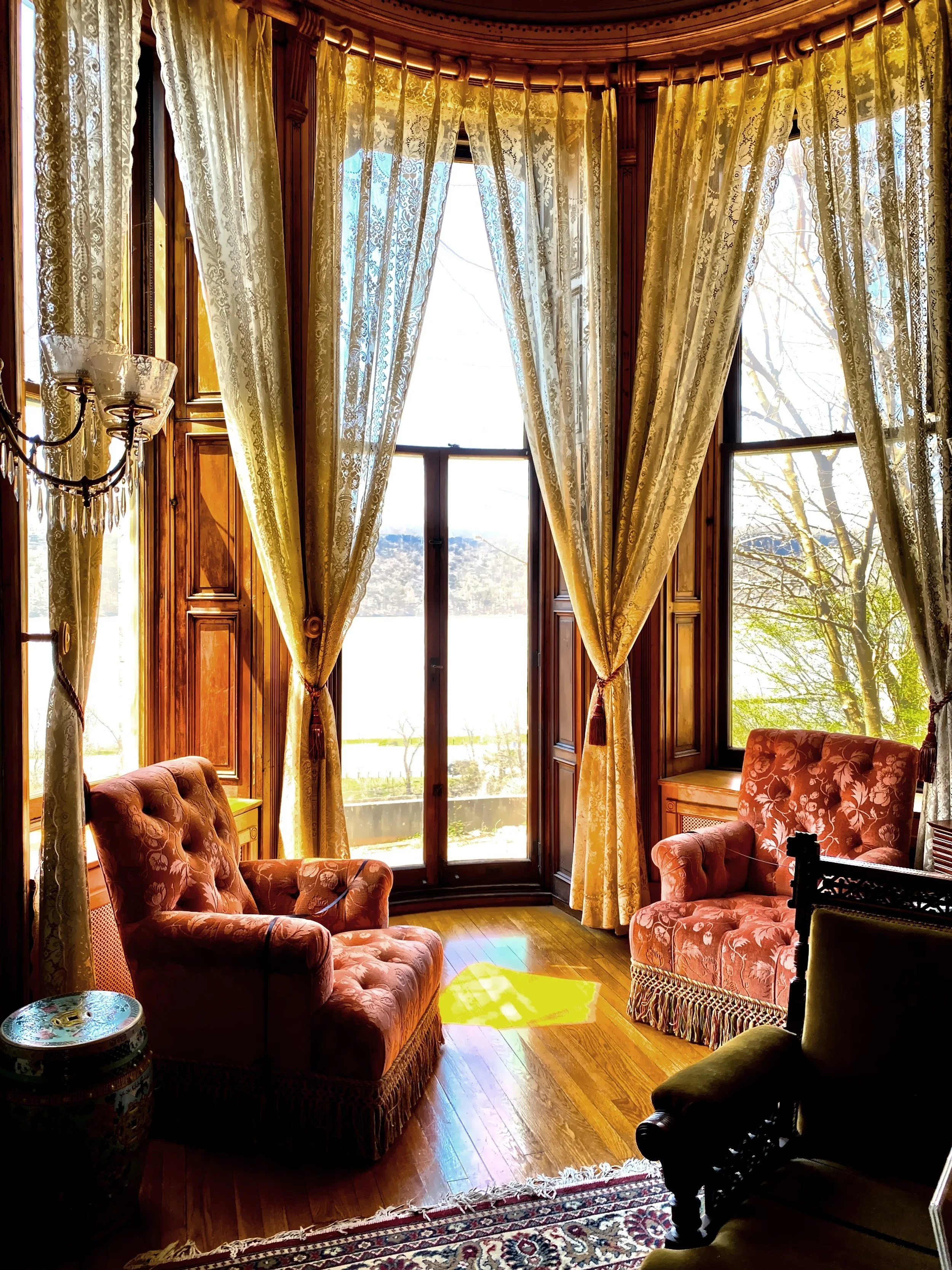  The large glass doors in the Sitting Room would have once opened up to a veranda (removed) with a view of the Hudson River. 