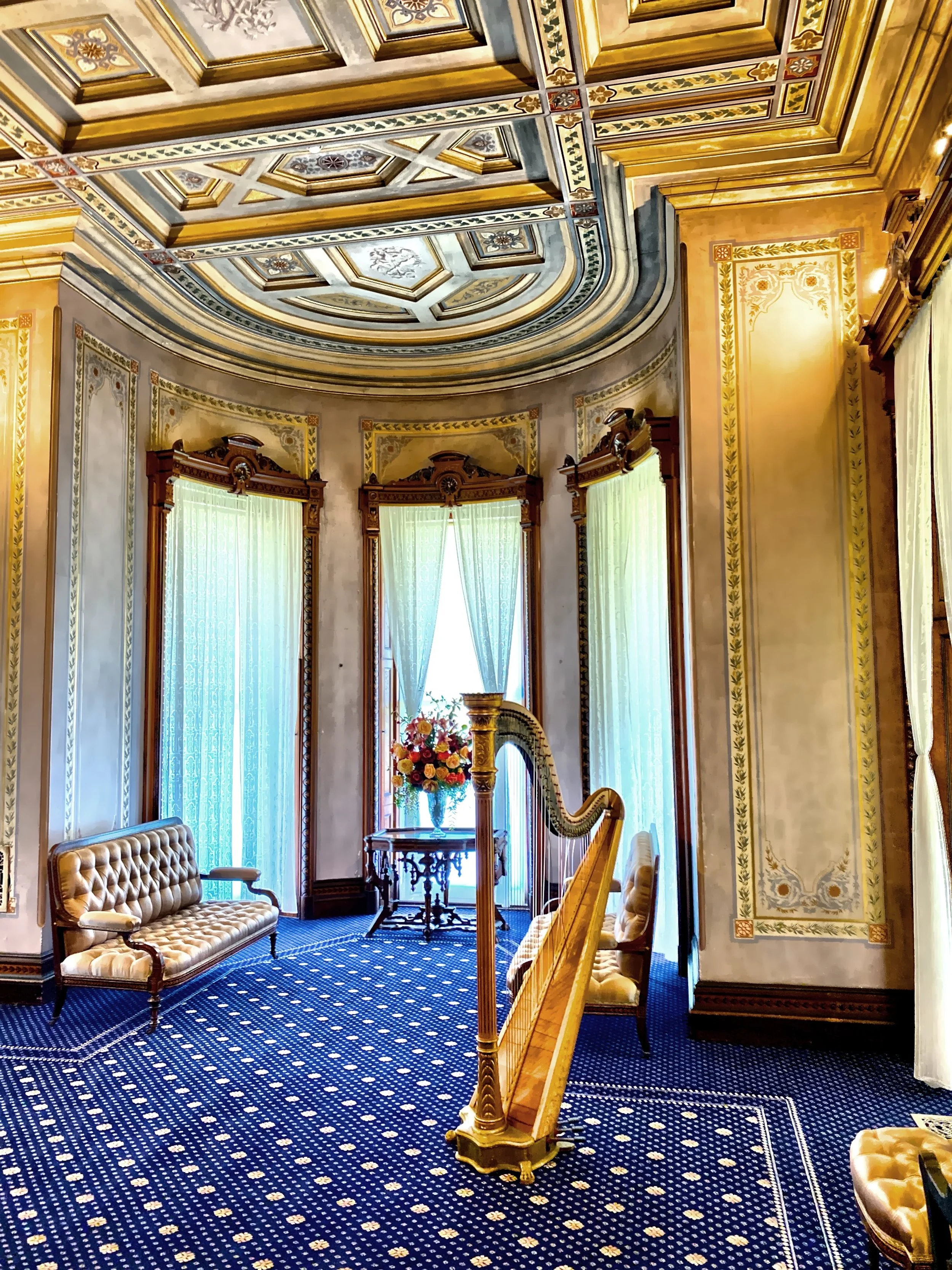 The Music Room is an example of a conserved but not restored room.  The decorative painting is from 1868. 