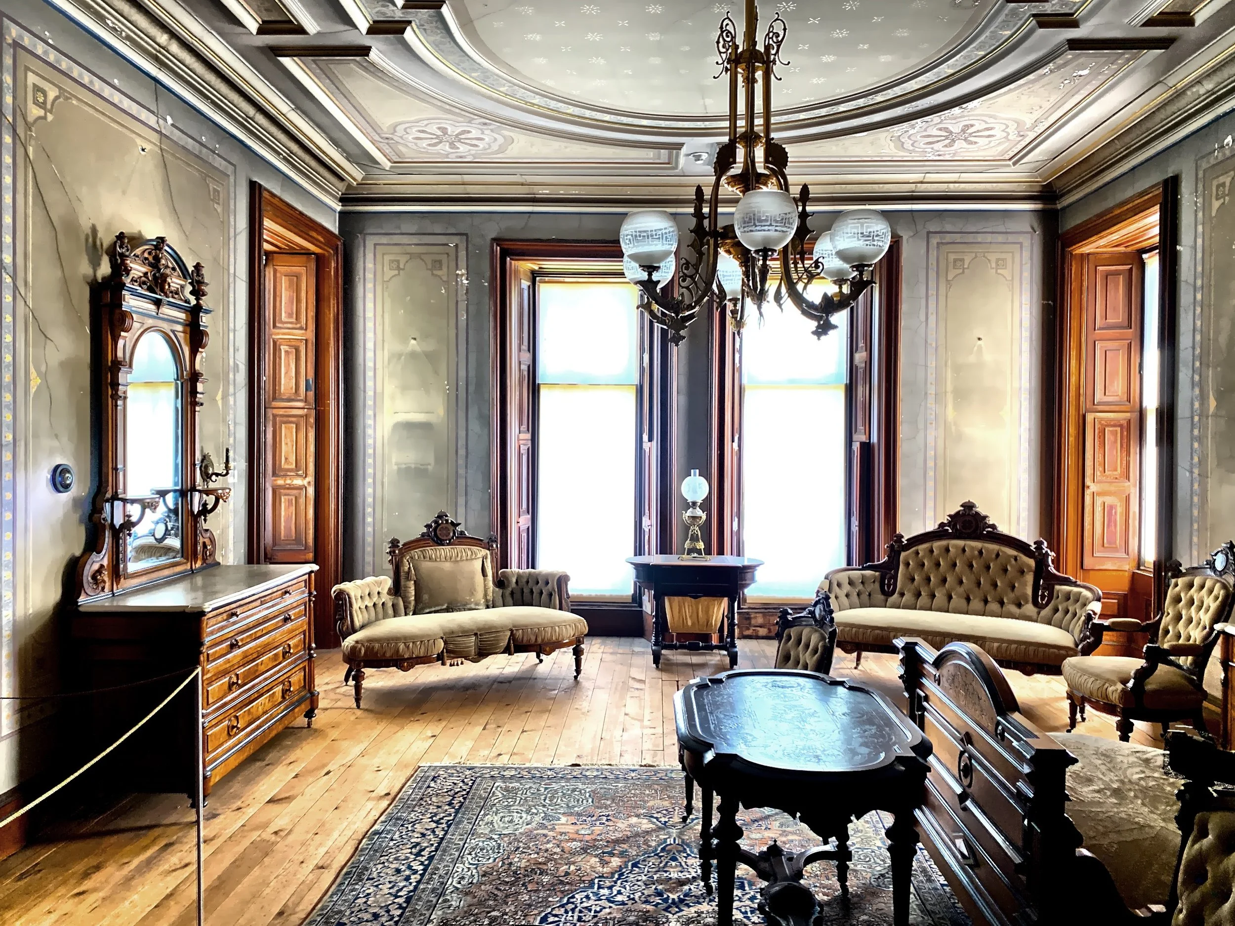  This is Anna Louise Lockwood’s bedroom, designed by George Platt.  This room, as with all the second floor rooms, are not yet restored but are completely furnished with the furniture from the Lockwood and Matthews families. 