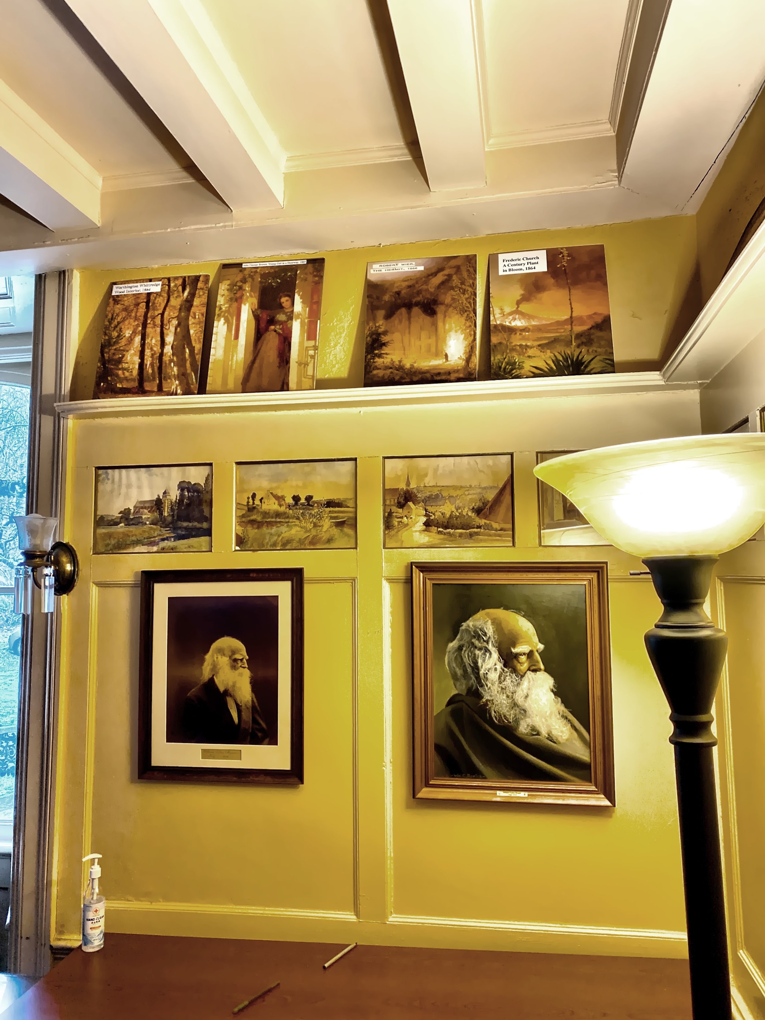  At the top are a copies of artwork given to Bryant by artists of the Hudson Rover School.  Below that are some of the watercolor art, by Harold Godwin, installed in the dining room. Below hat are copies of portraits of Bryant.  