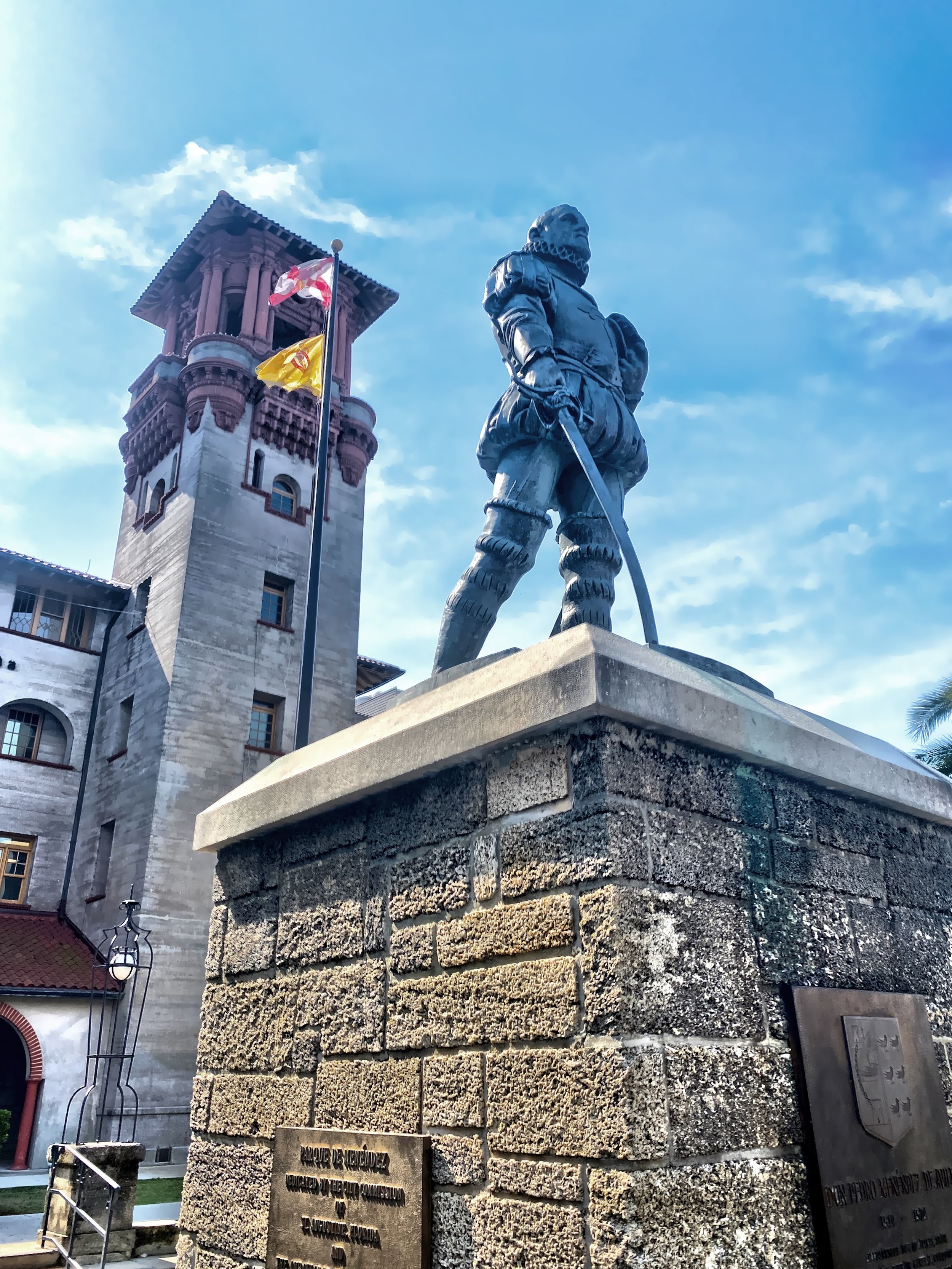  A statue of Don Pedro Menendez de Aviles in front of the Lightner Museum. 