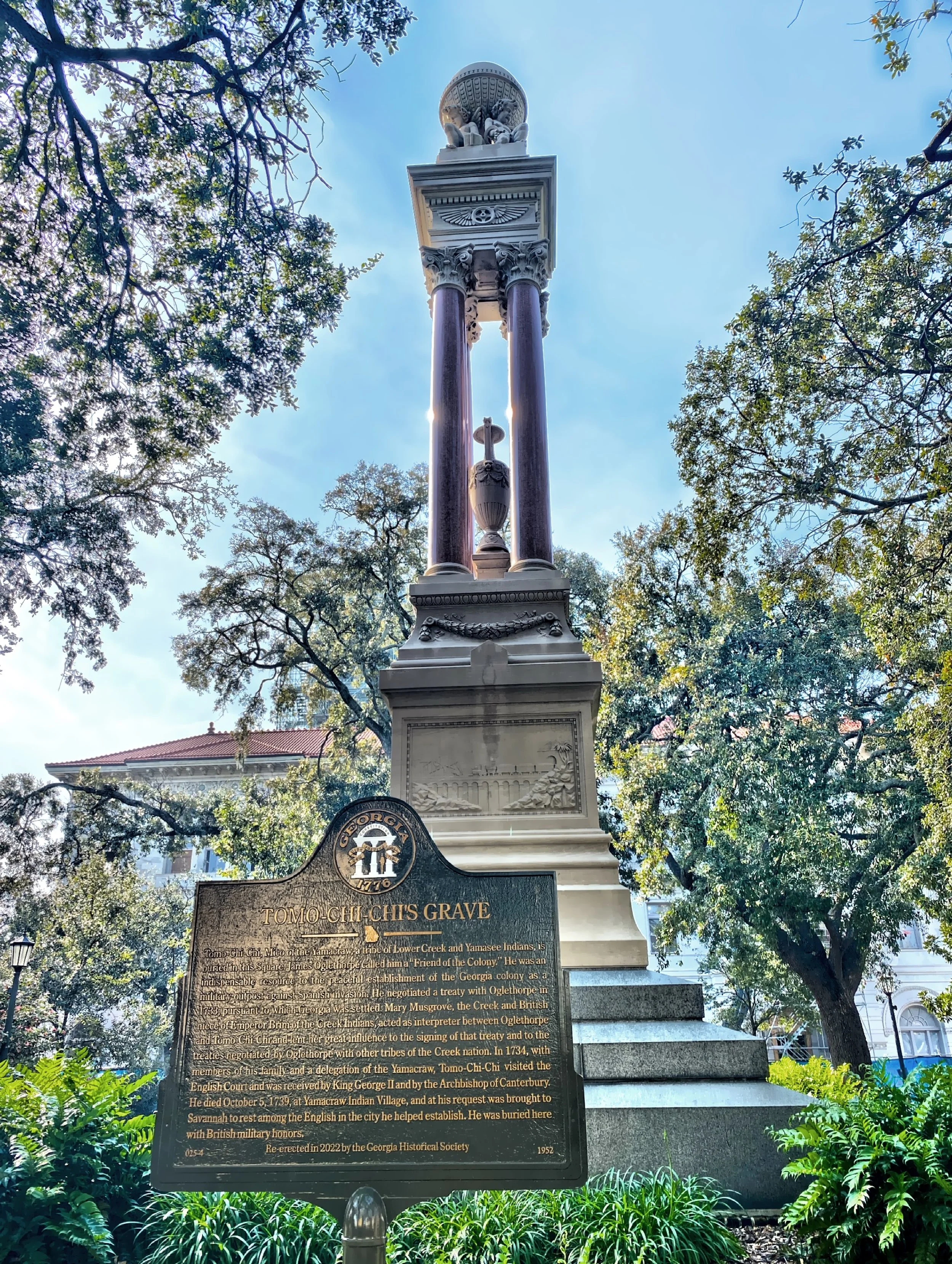  This monument was dedicated to William Washington Gordon, railroad baron and father of Juliette Gordon Low in Wright Square.  The square also contains the grave of Tomochichi, the Yamacraw chief who aided the first settlers of Savannah. 