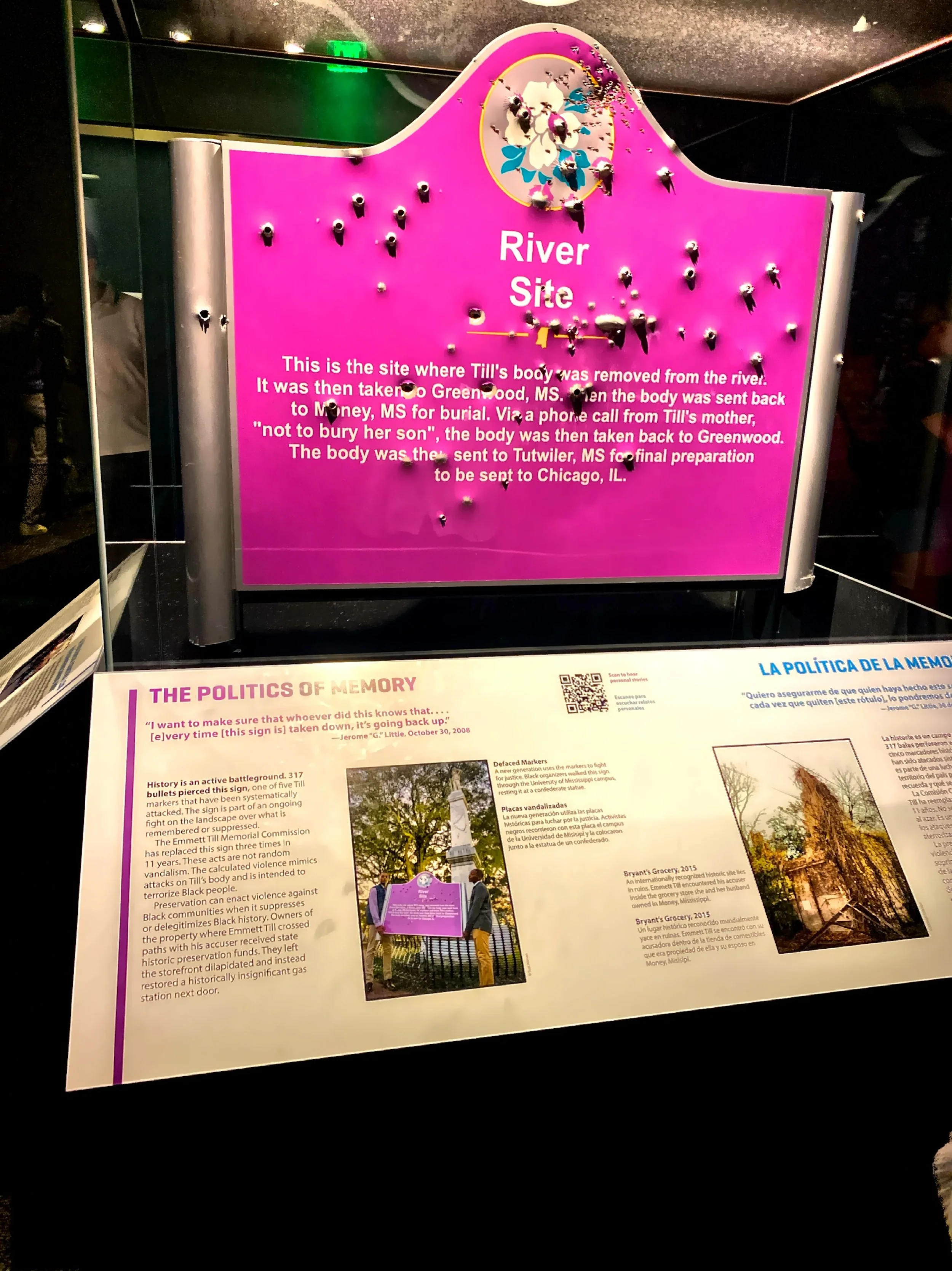  Displayed in the Museum of American History is this marker with bullet holes from rural Tallahatchie County marks the site where the 14-year-old black teen's body was discovered in the Tallahatchie River. 