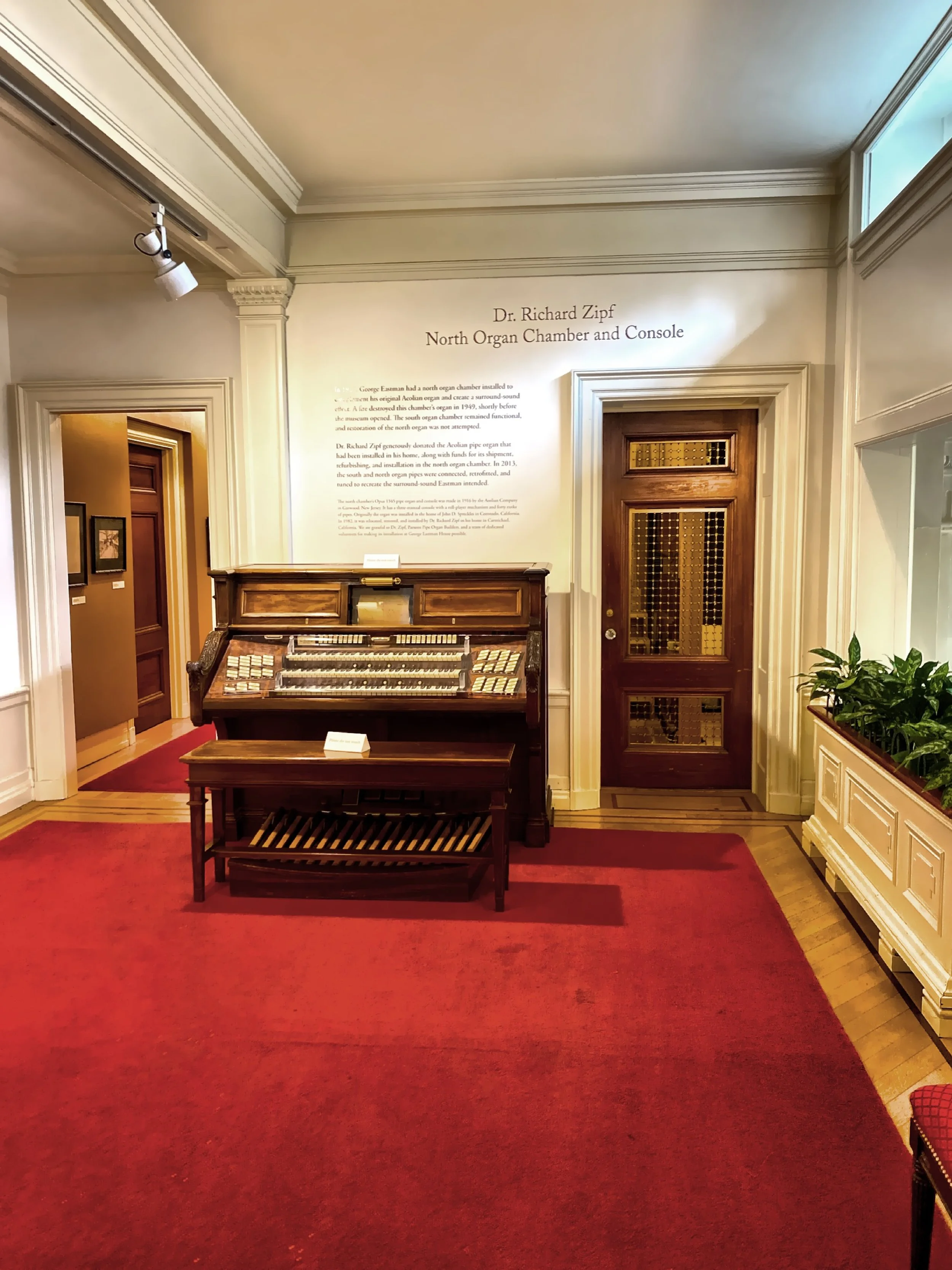 The mansion had all the modern conveniences of the day like an electrical generator, internal telephone system, built-in vacuum system, a central clock network, elevator and this great Aeolian pipe organ, which is on the second floor. 