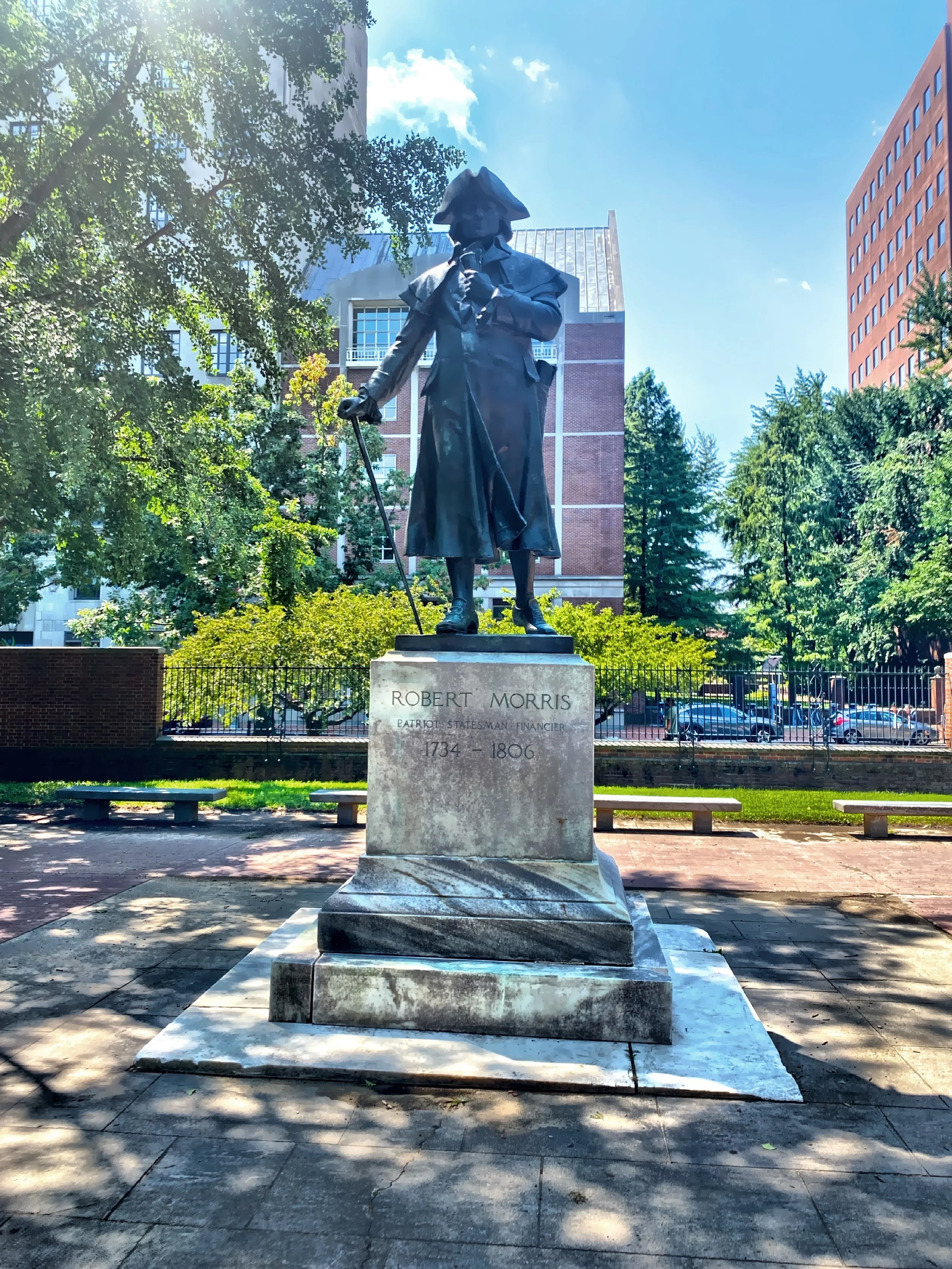  A statue of Robert Morris, known as the financier of the Revolution, is located looking at the historic 2nd National Bank. 