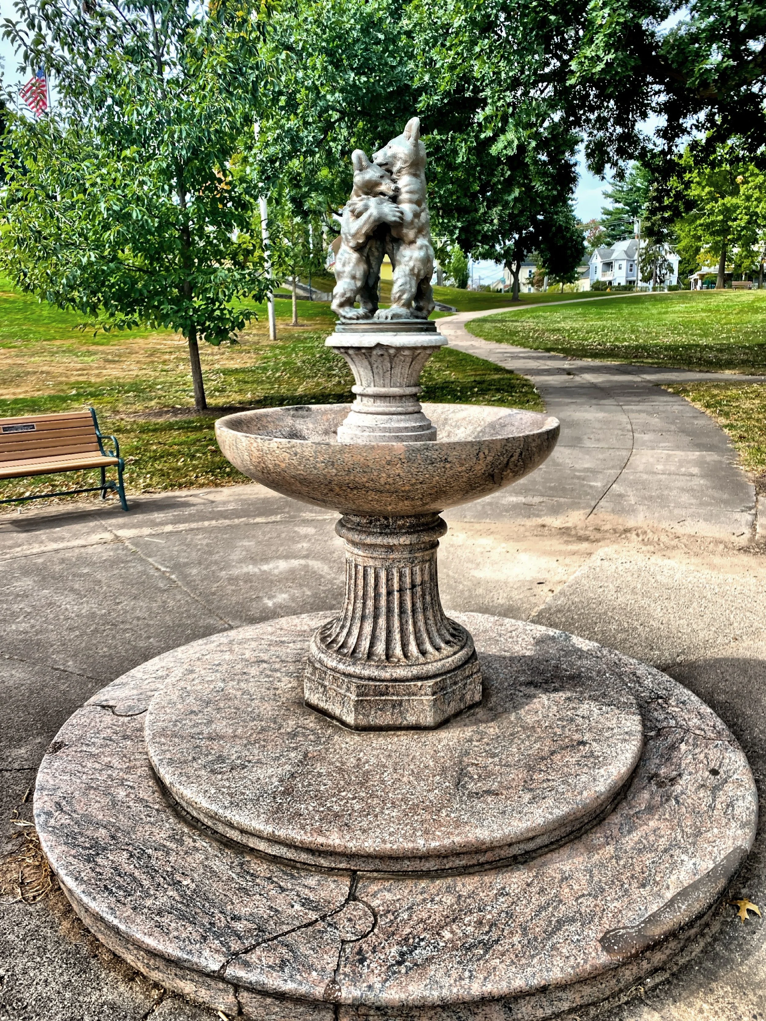 This bronze and stone Dancing Bear Fountain was given to the public by the Cheney Family in 1909 to honor Frank Cheney, the founding member of the Silk dynasty. The fountain was the work of sculptor Albert Humphreys and is in Center Memorial Park on