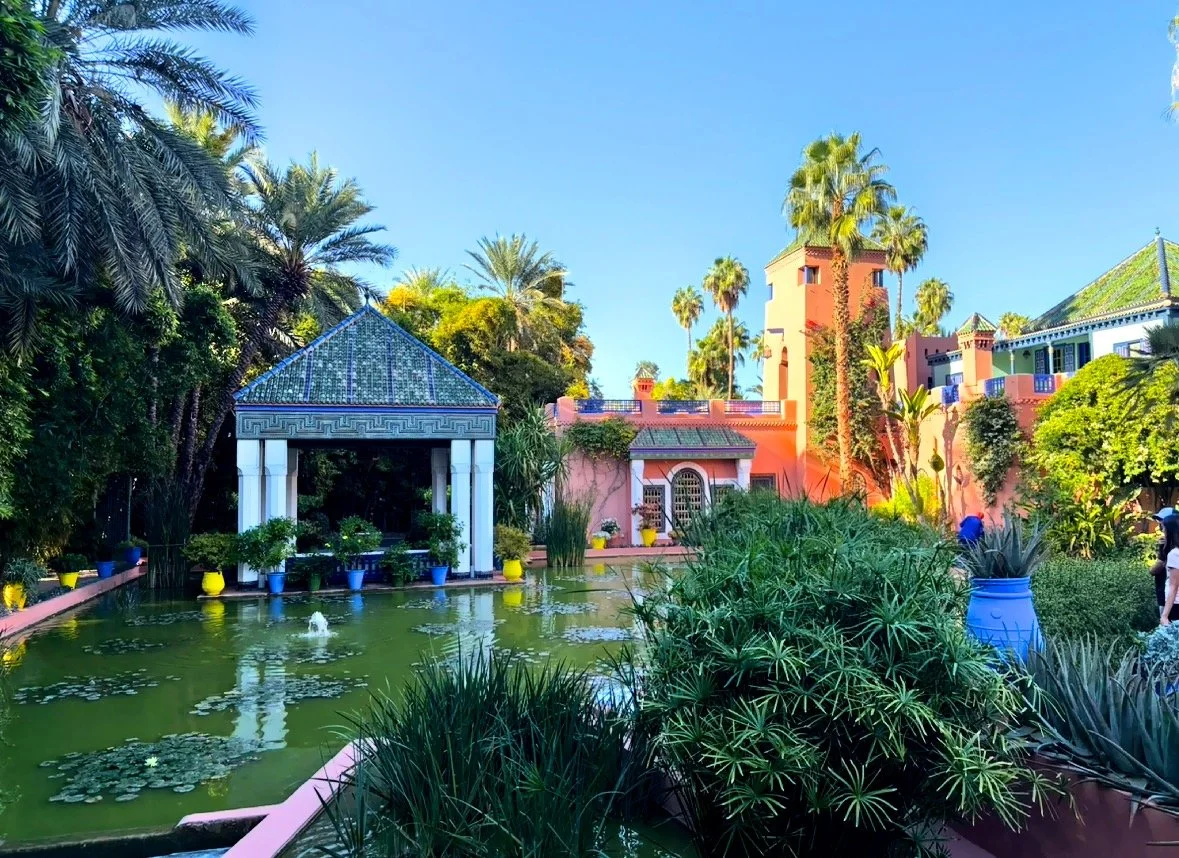  The garden covers approximately two and a half acres, blending exotic flora with striking architectural elements. 