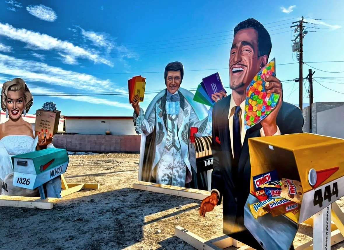  An art installation titled “Neighbors” by California muralist John Cerney.  Portrays Marilyn, Sinatra, Liberace Dean Martin and Sammy Davis Jr. all picking up their mail. 