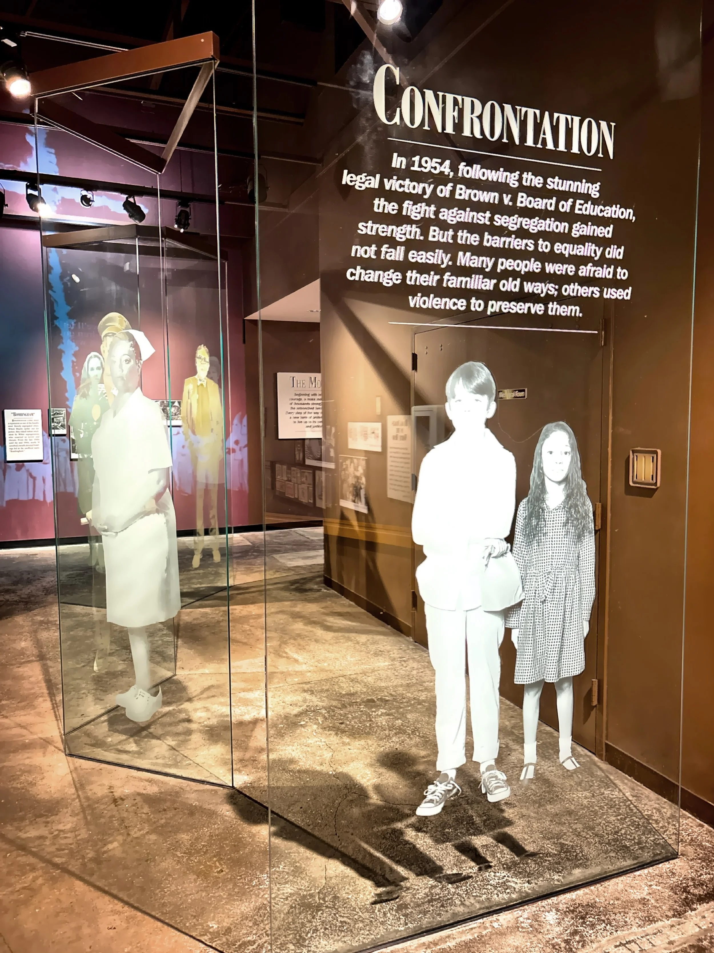  The Confrontation Gallery: Hear what was said behind closed doors during the Civil Rights era in flashbacks to the echoed voices of white and Black people living through these tumultuous times.  Displays of some of the legal actions taking place. 