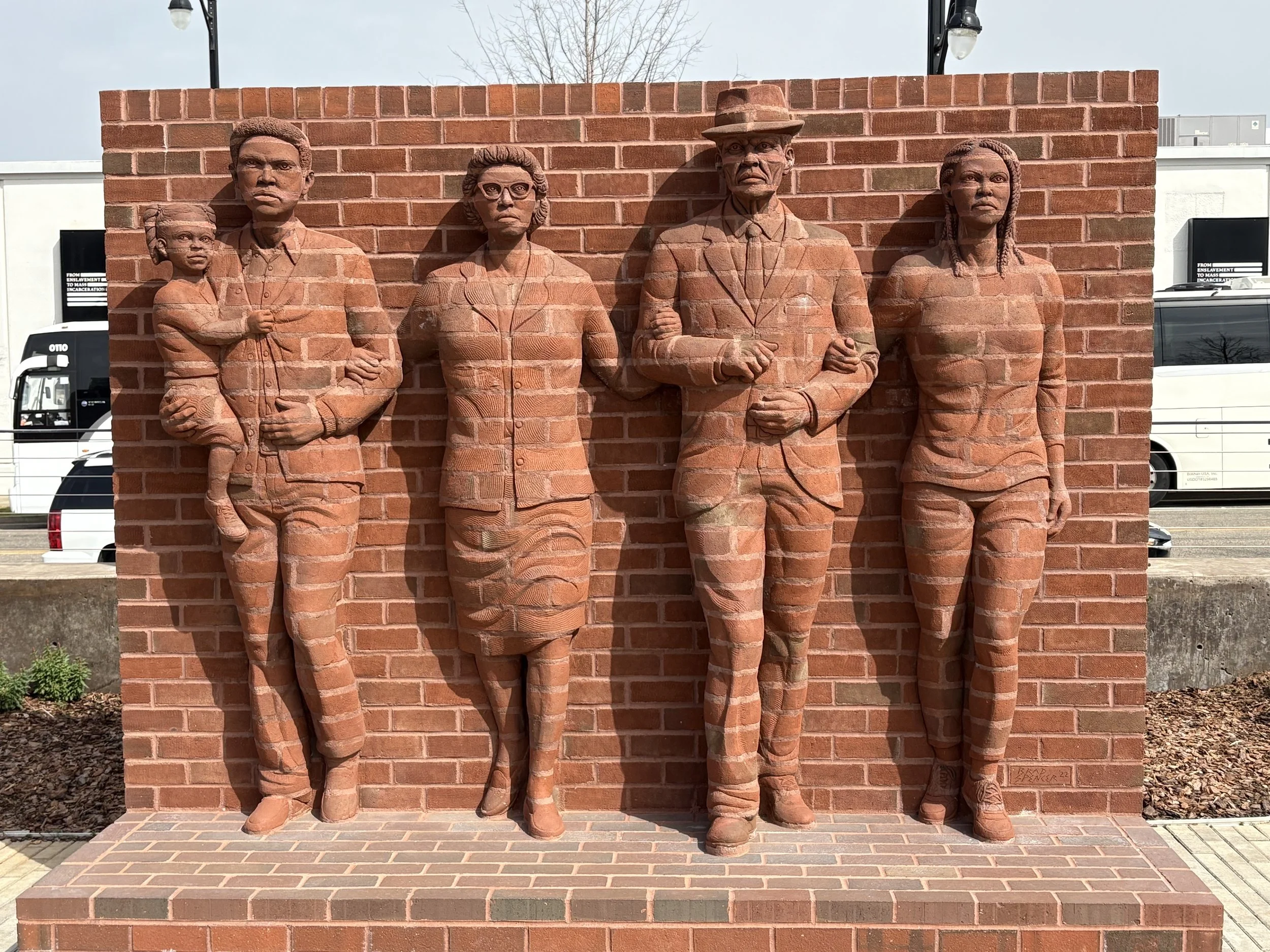  This sculpture represents the foot soldiers who march and fought for Black citizens’ rights during the Civil Rights movement in Alabama. This is also in Legacy Plaza. 
