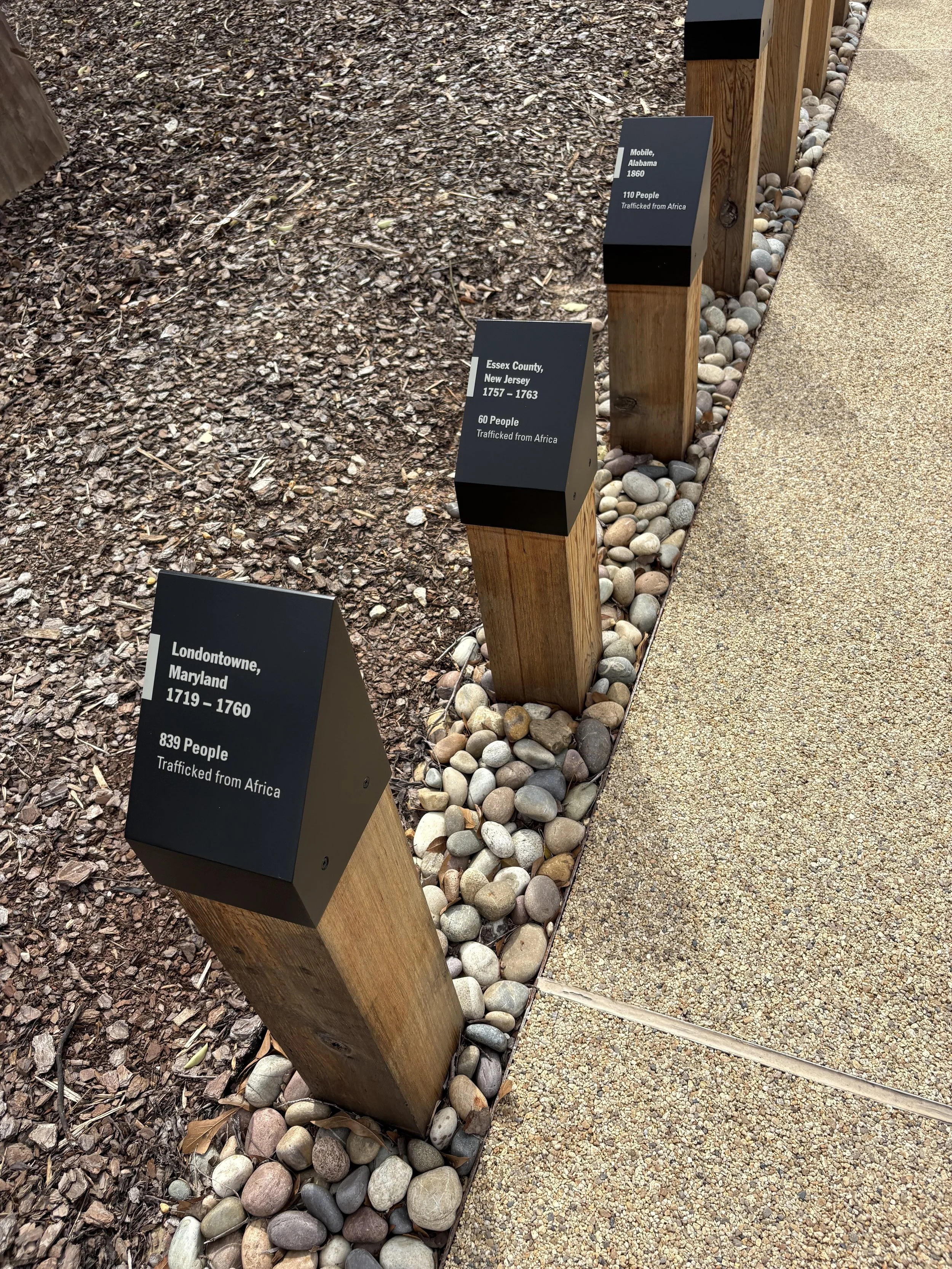  The sculpture garden is on the spot where boats would land bringing black people to the railroad cars nearby for transport. 