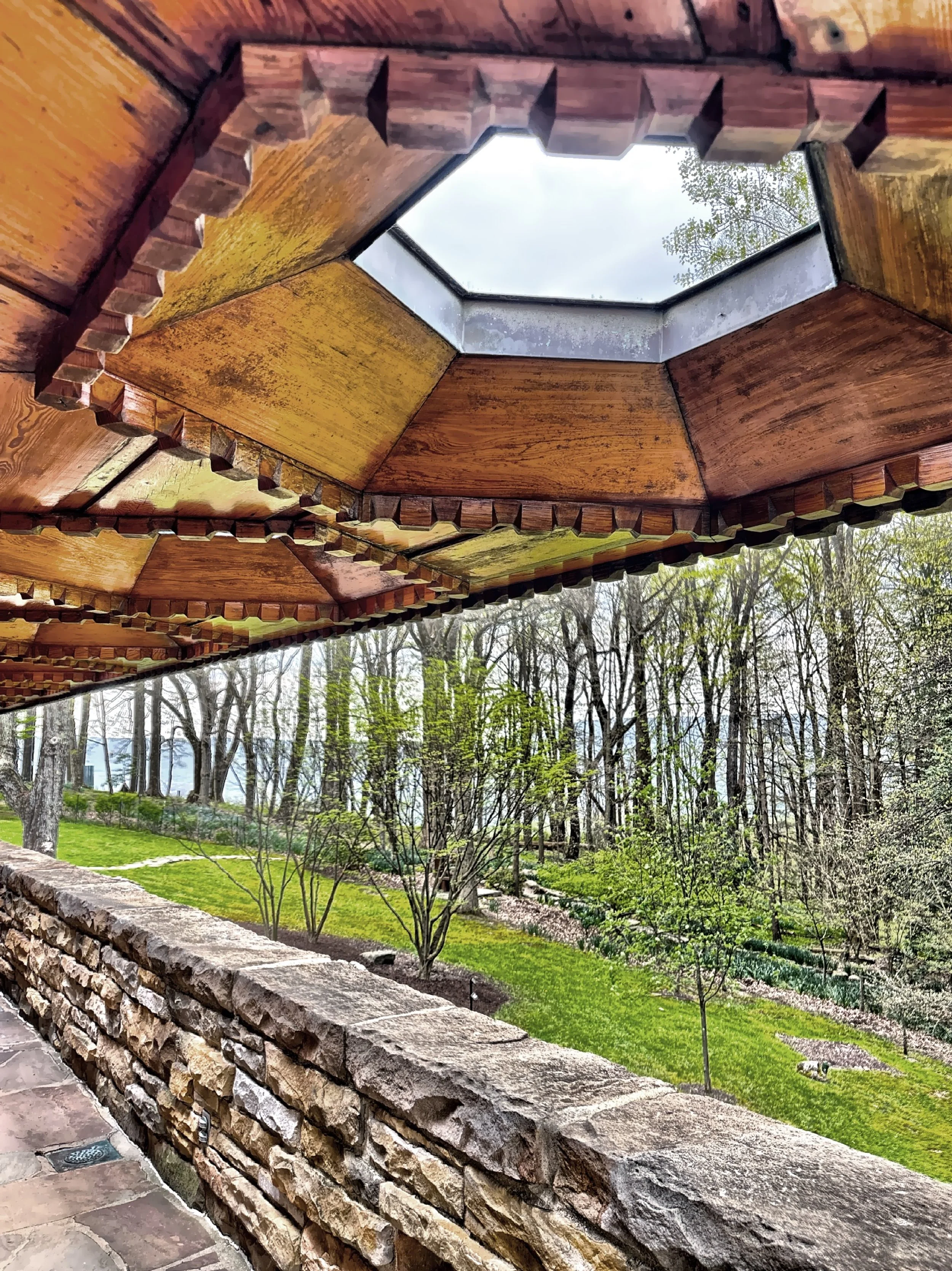  The distinctive honeycomb-shaped skylights in the red cypress overhang above the rear porch. 