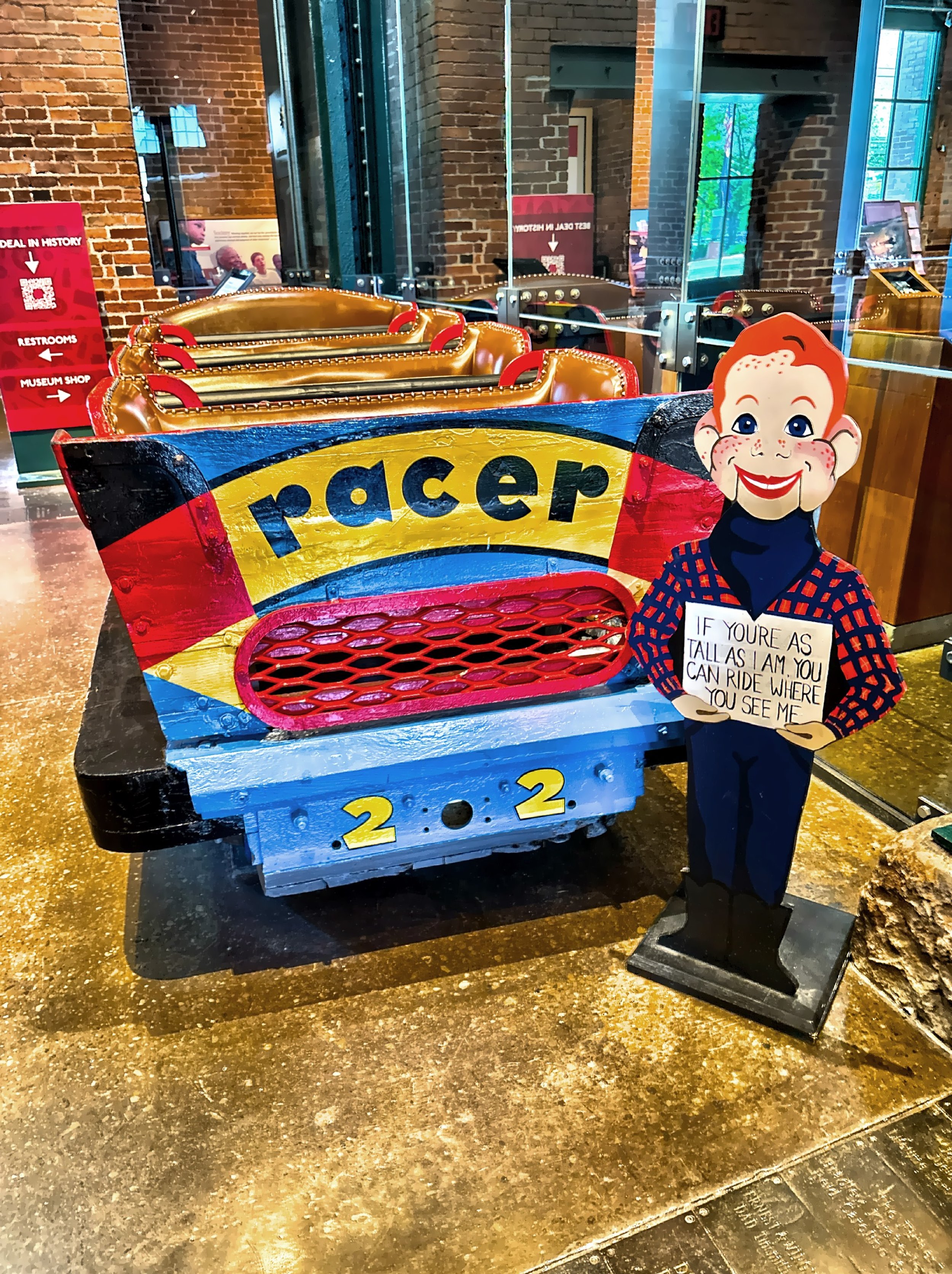  A popular ride from Kennywood with a Howdy Doody reproduction height check sign. 