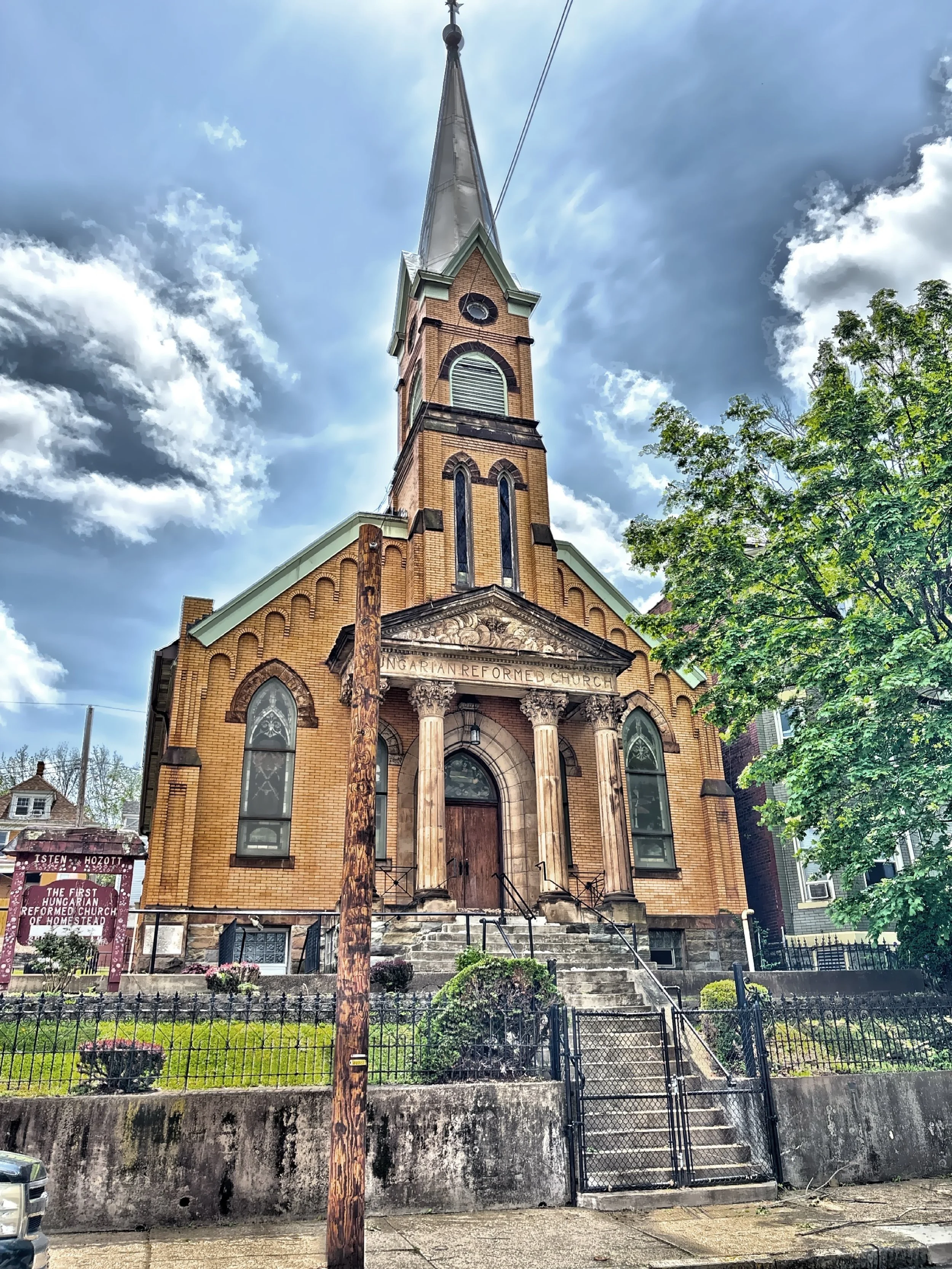  The First Hungarian Reformed Church in Homestead was built in 1904.    The Homestead suburb was the site of the  Homestead Steel Works, established by Andrew Carnegie. The area attracted immigrant workers as It quickly became one of the largest stee