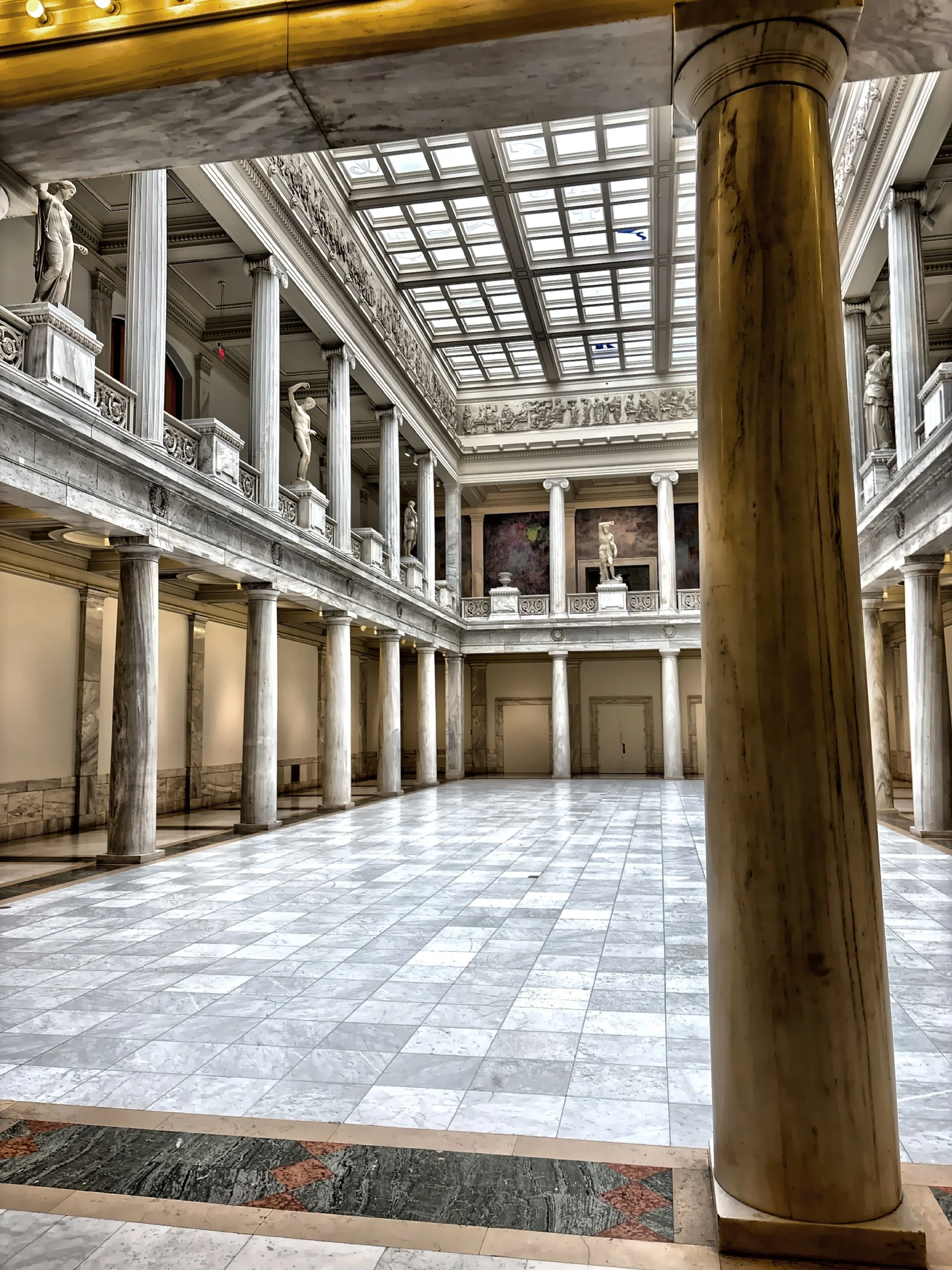  Inside the skylit Hall of Sculpture is modeled after the columned inner sanctuary of the Parthenon.  Today, the Hall of Sculpture is used as a performance space, or for installations and exhitbits. 