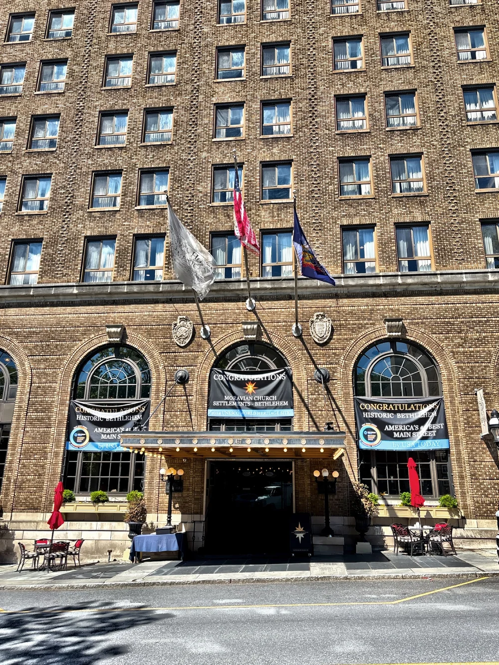  The Hotel Bethlehem is located on the site of the Moravian First House, built 1741.  The present hotel building was built in 1922 by Charles Schwabb, president of Bethlehem Steel, to house his clients.  