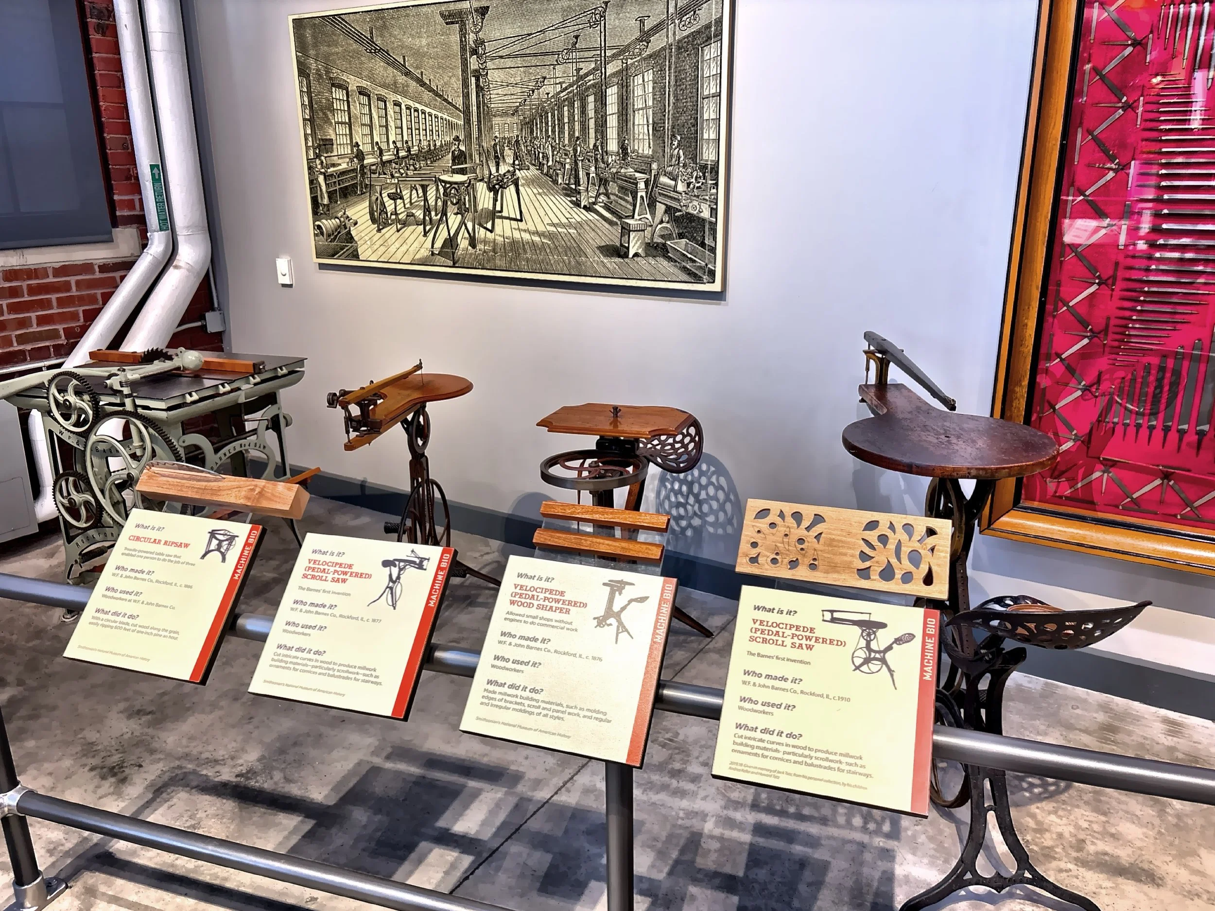  There are displays of various tools and machines. 