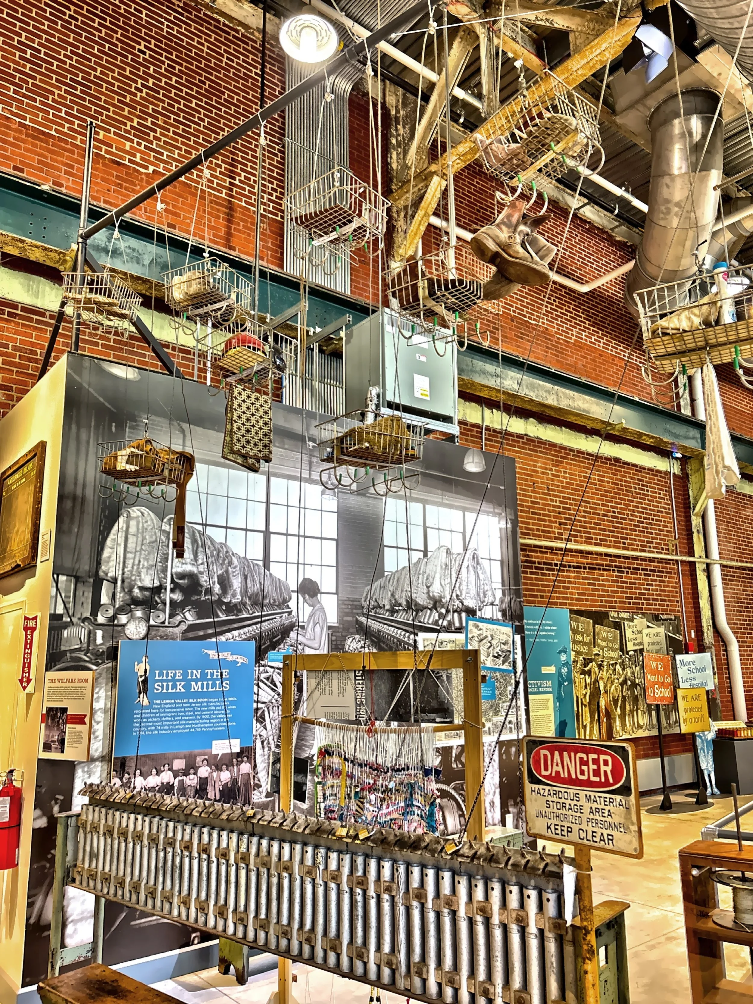 The workers at Bethlehem Steel did not have lockers, instead they had these baskets which they would hang their belongings from the ceiling utilizing a pulley system in the Welfare Room.  The chain would then be locked to metal tubes to keep the bas