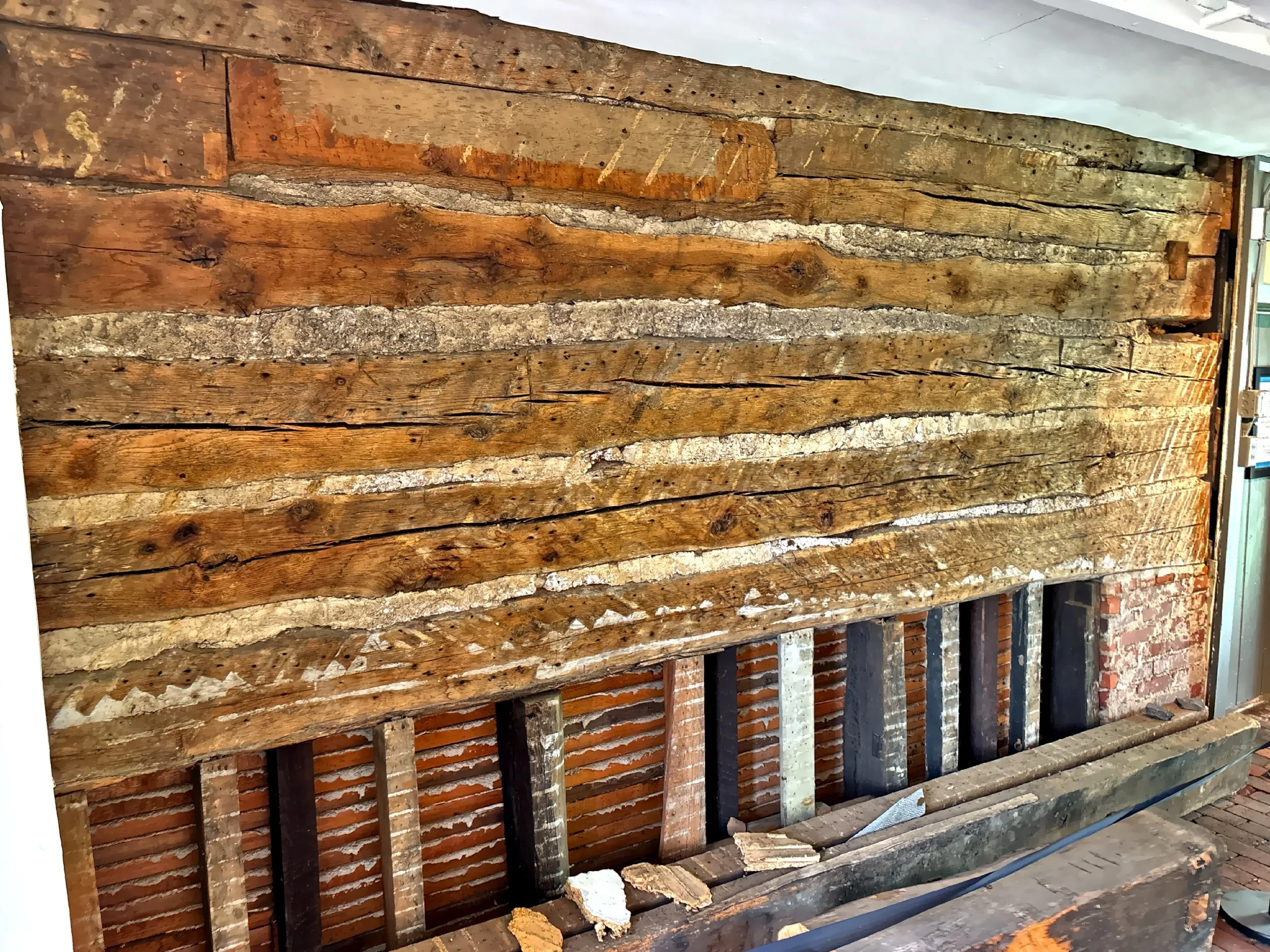  The German Colonial style white oak timbers are exposed in an interior section of the museum building (Gemeinhaus).. 