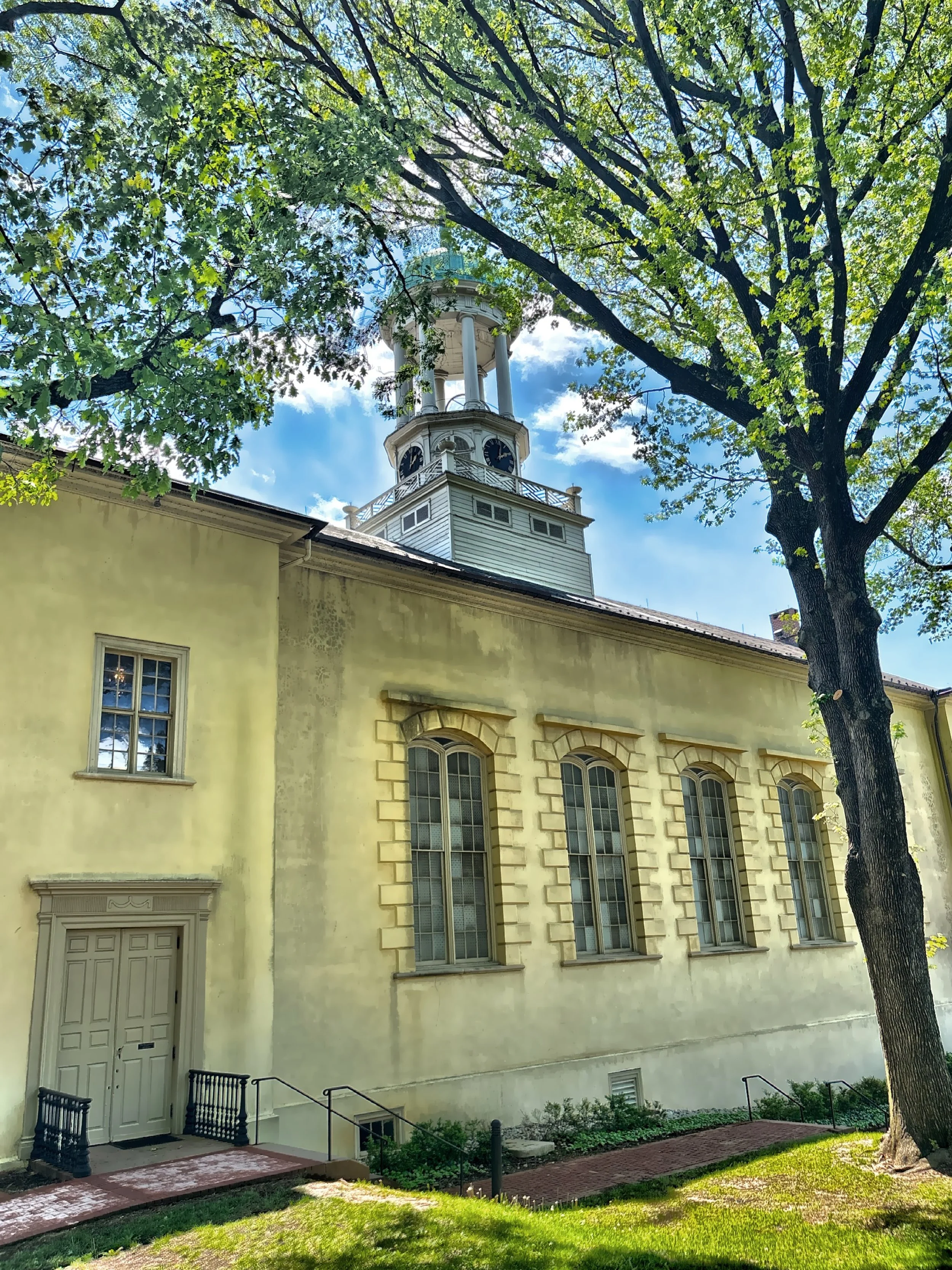  The clock tower of the Central Moravian Church founded in 1742 and one of the oldest congregations in the United States. 