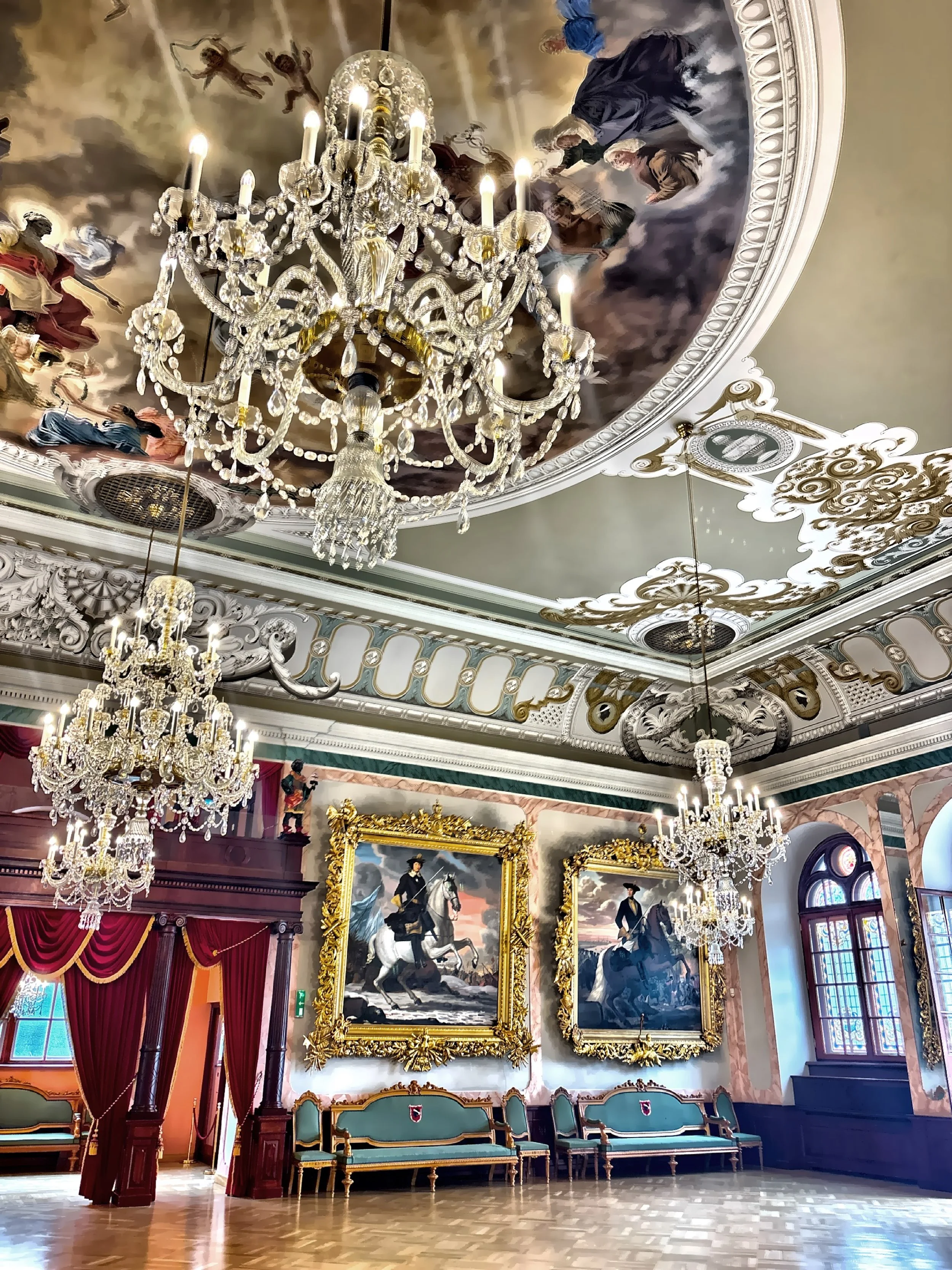  Celebration Hall features a high vaulted ceiling, parquet floors, and tall arched windows and decorative moulding.  This is where grand banquets, balls, and official receptions were held. 