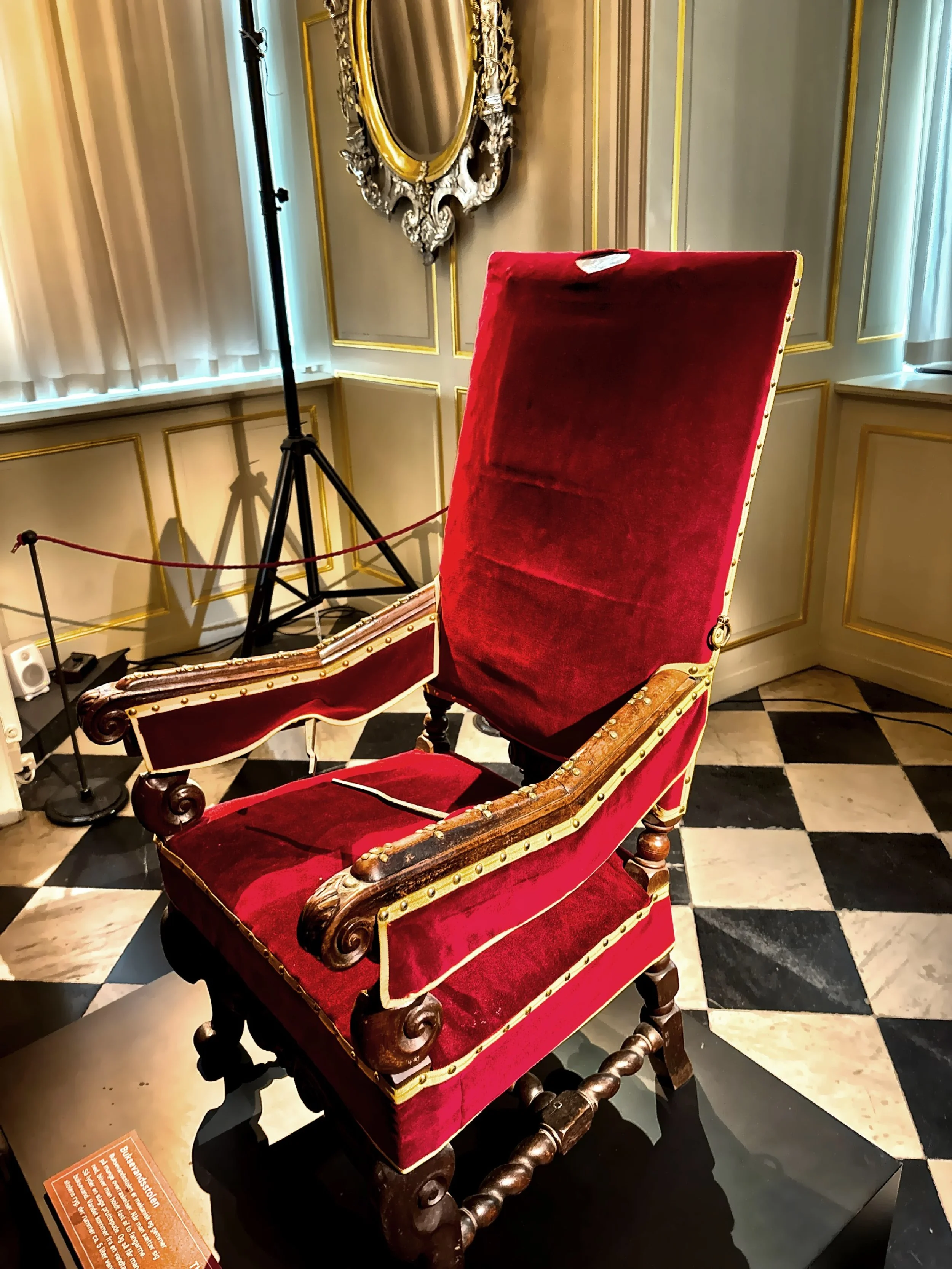  This is the 18th century wetting trap chair in the Regalia Room.  The chair has a built in mechanism to make it sound like the person sitting, farted and then peed themselves. 