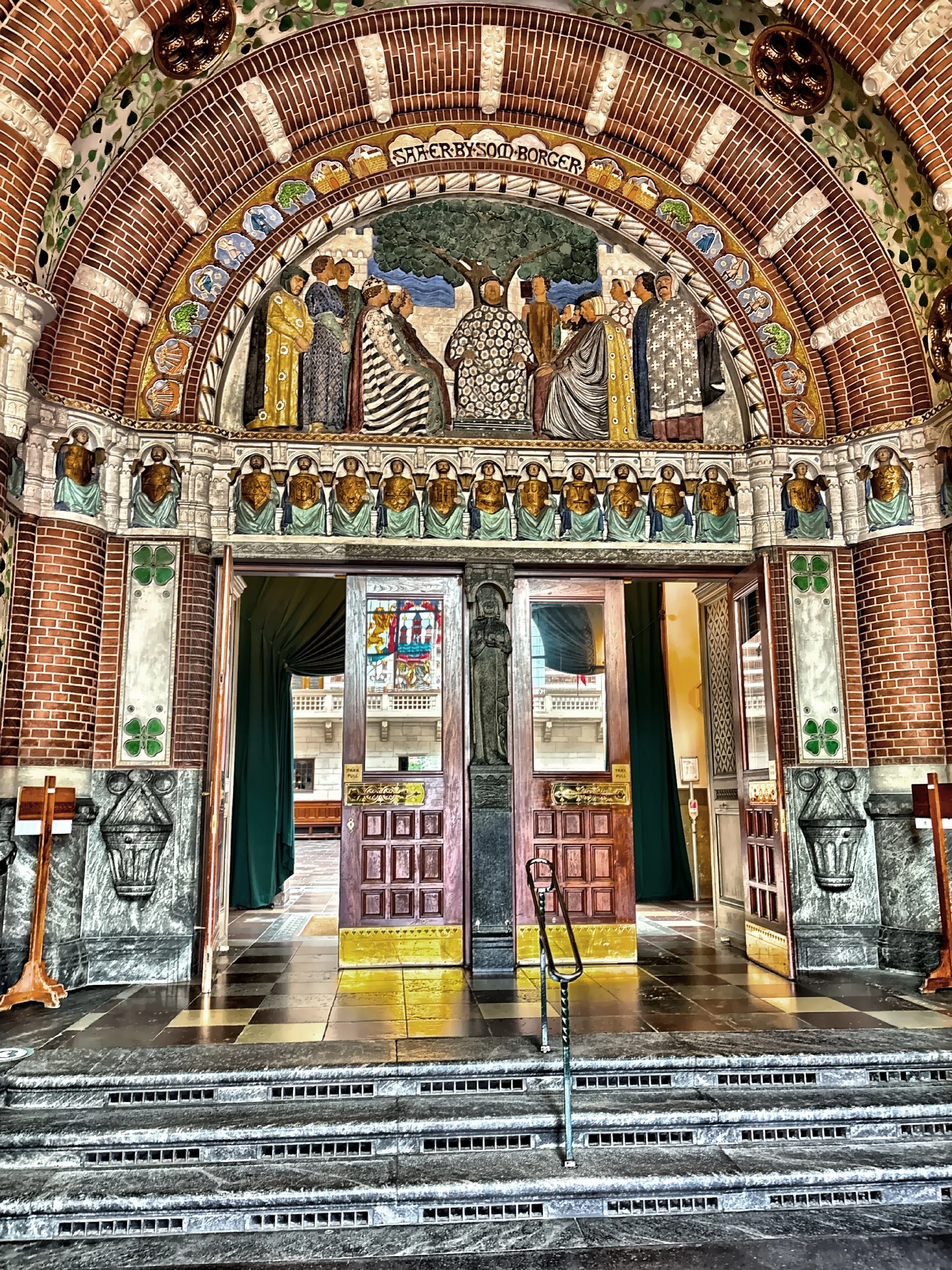  This is inside the highly decorative vestibule with stairs leading to the City Council Hall. 