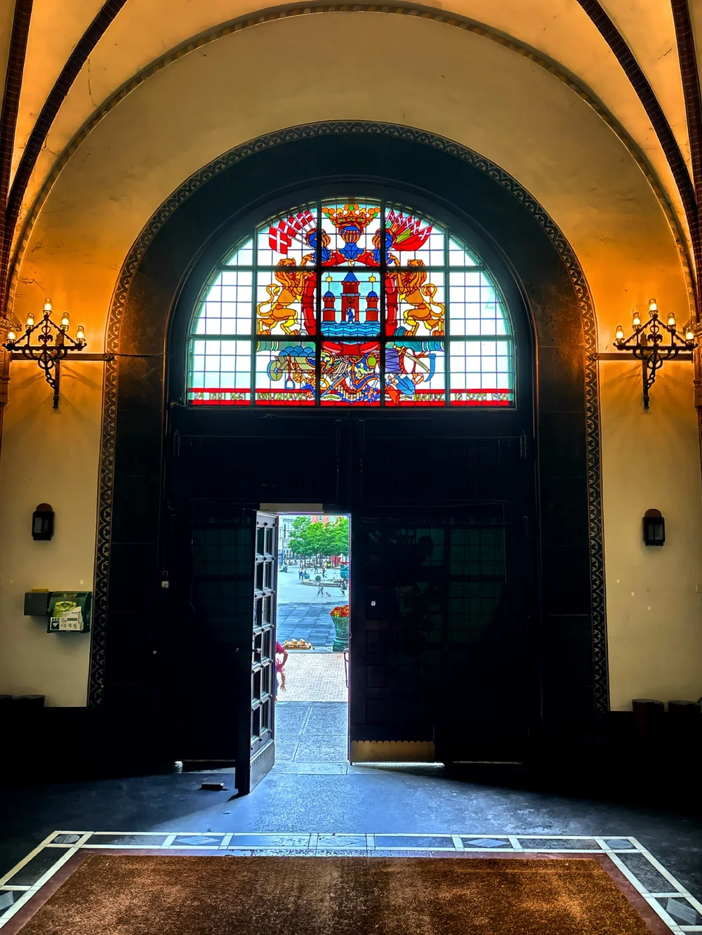  The main entrance with stained glass window. 