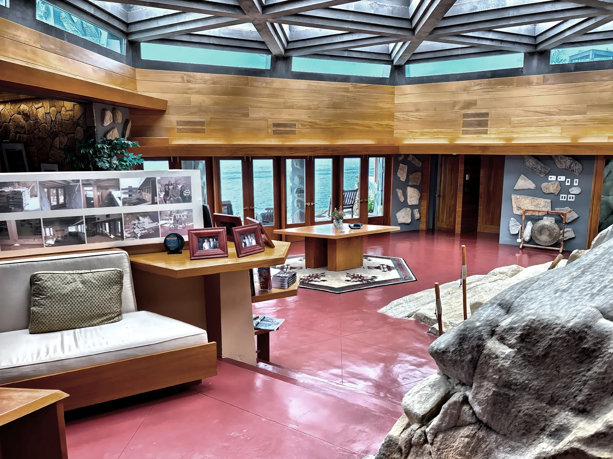  Wright’s philosophy of organic architecture is here with the home that is built into the rock itself and floor-to-ceiling windows invite nature indoors. 