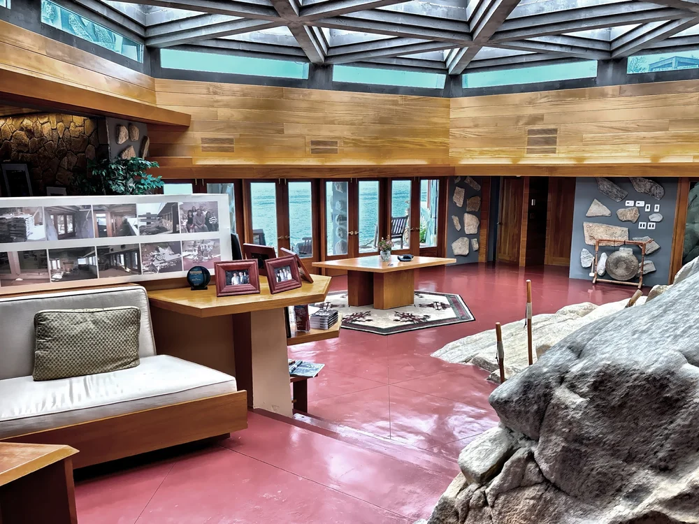  Wright’s philosophy of organic architecture is here with the home that is built into the rock itself and floor-to-ceiling windows invite nature indoors. 