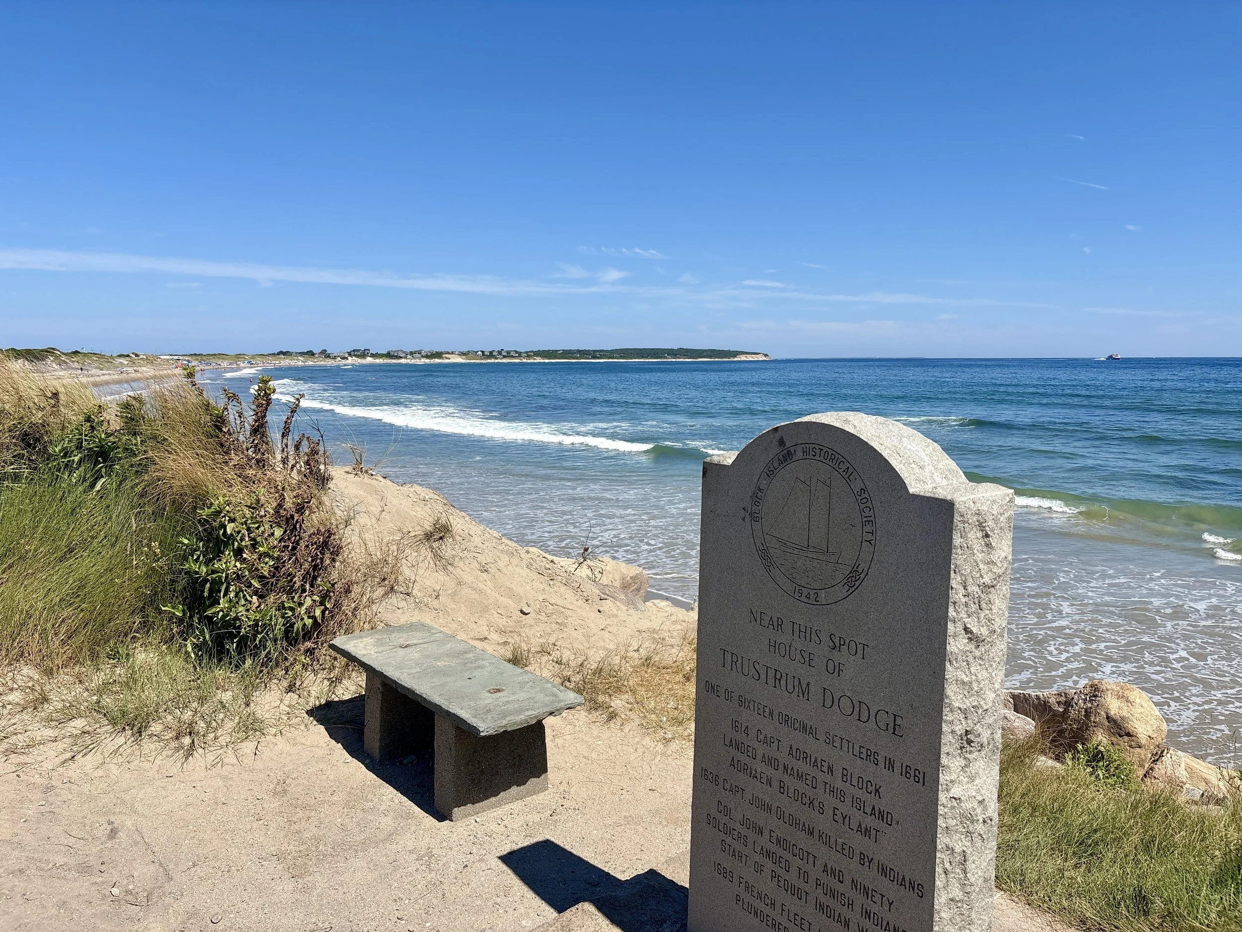  The monument dedicated to the ‘House of Tristram Dodge,’ one of the original settlers in 1681. 