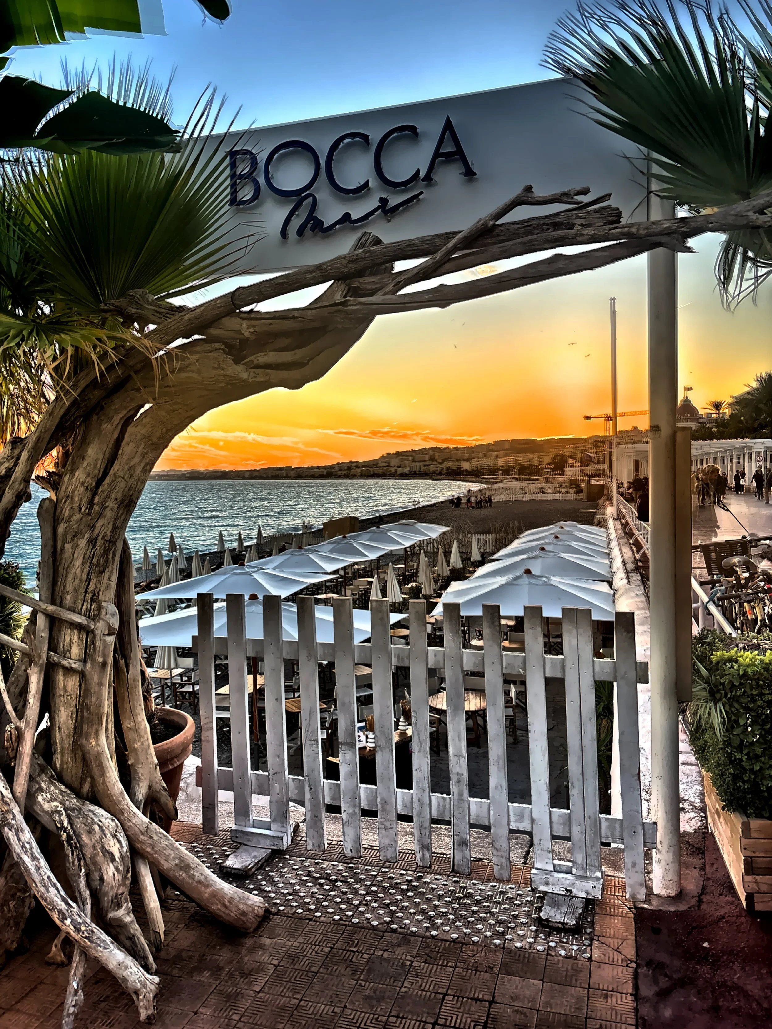  The entrance to Bocca Mar, a beach club and restaurant located on the Promenade des Anglais. 