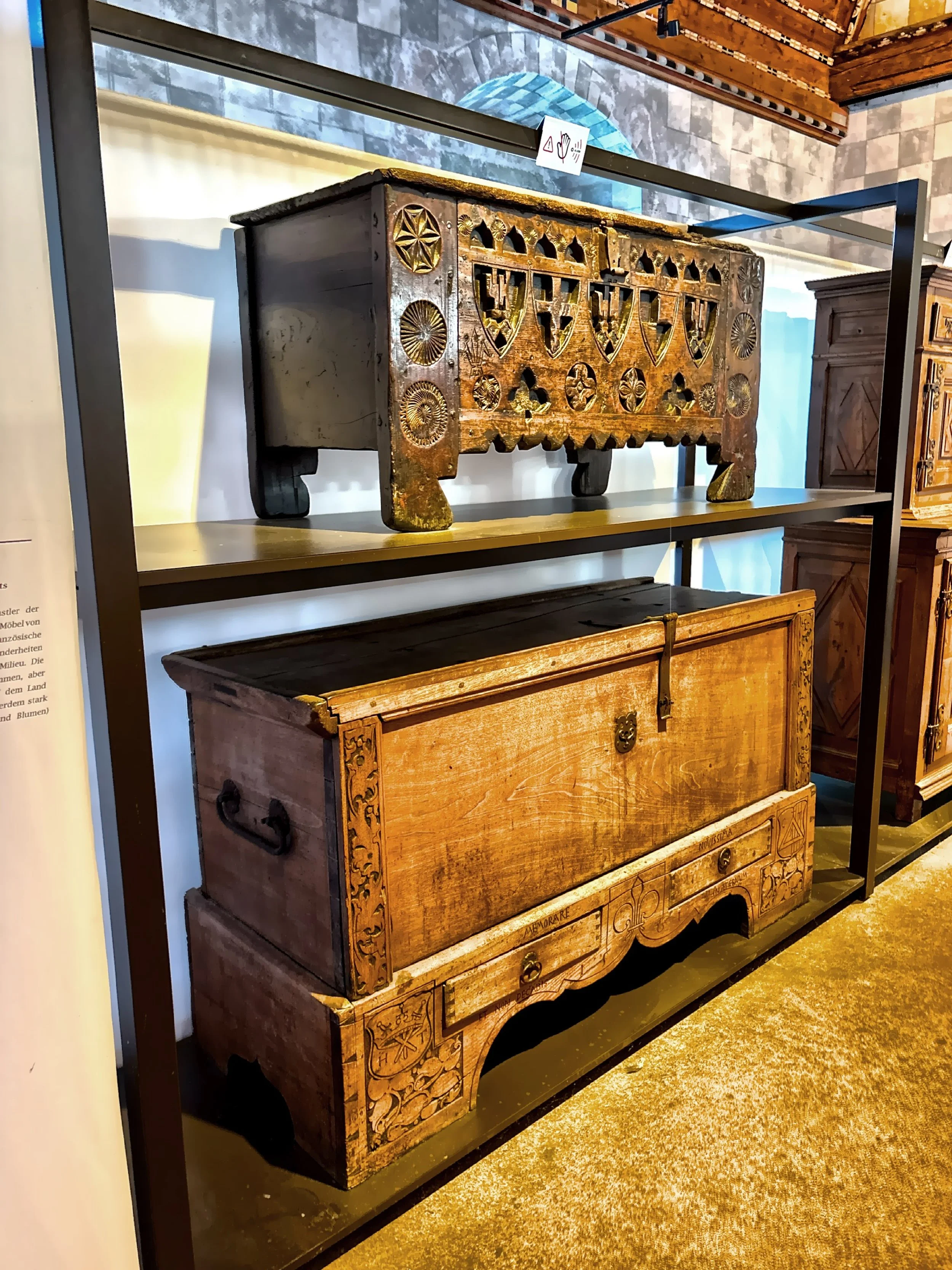  Wooden chest on display, some dating back to 17th and 18th centuries and others back to the Gothic and Roman eras. 