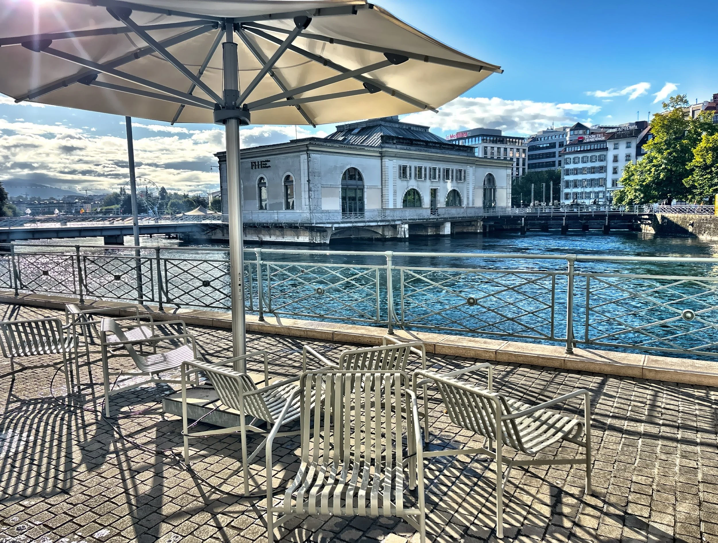  Along the River Rhone, a paved promenade winds past flower beds and elegant old hotels, with outdoor seating tucked along the water. 