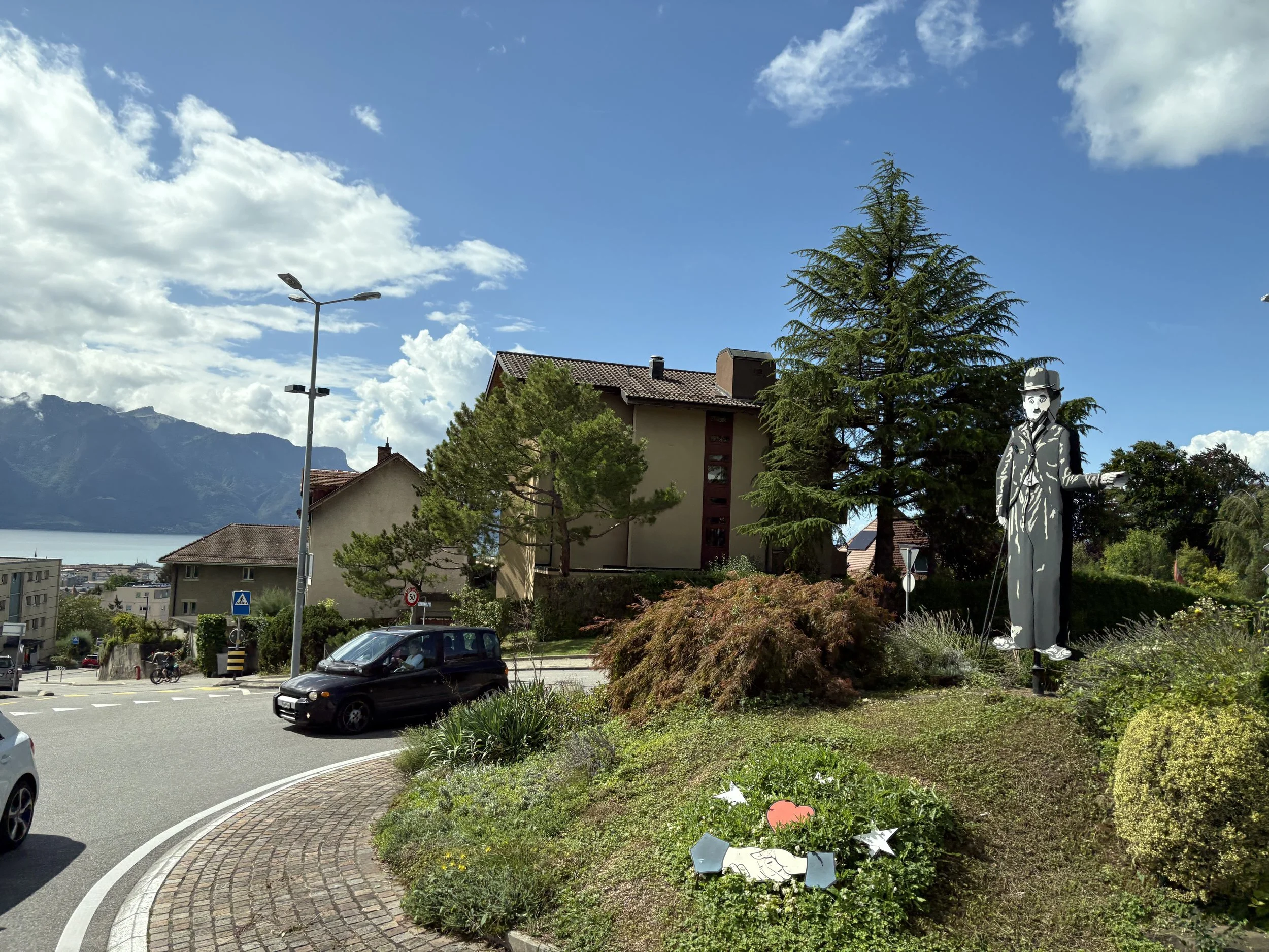 A sculpture of Charlie Chaplin as ‘The Tramp’ located in a traffic rotary. Although he never lived in Gruyeres, his presence is felt not far away on the shores of Lake Geneva. After leaving Hollywood, Chaplin spent the final 25 years of his life in 