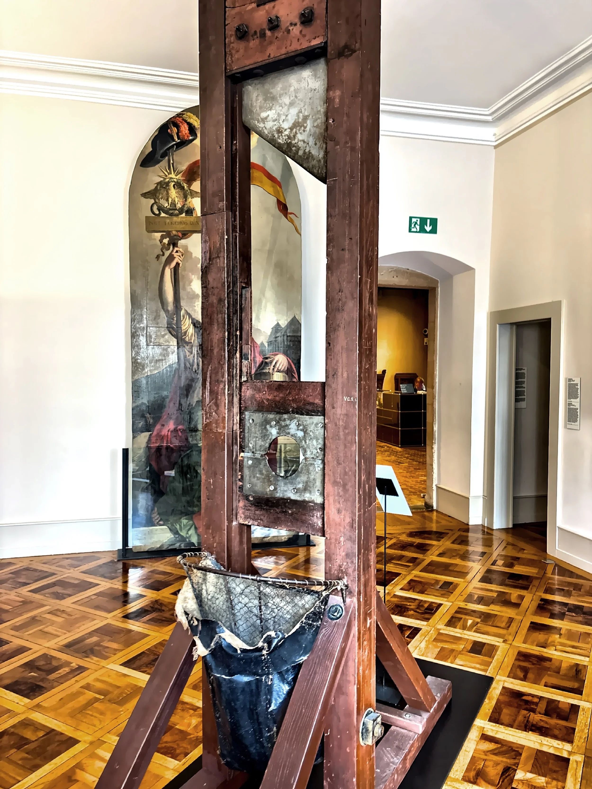  During the French annexation, 36 prisoners were executed using this guillotine.  It was built in 1799, and designed for a rapid decapitation of those condemned to death in Geneva during the French period. 